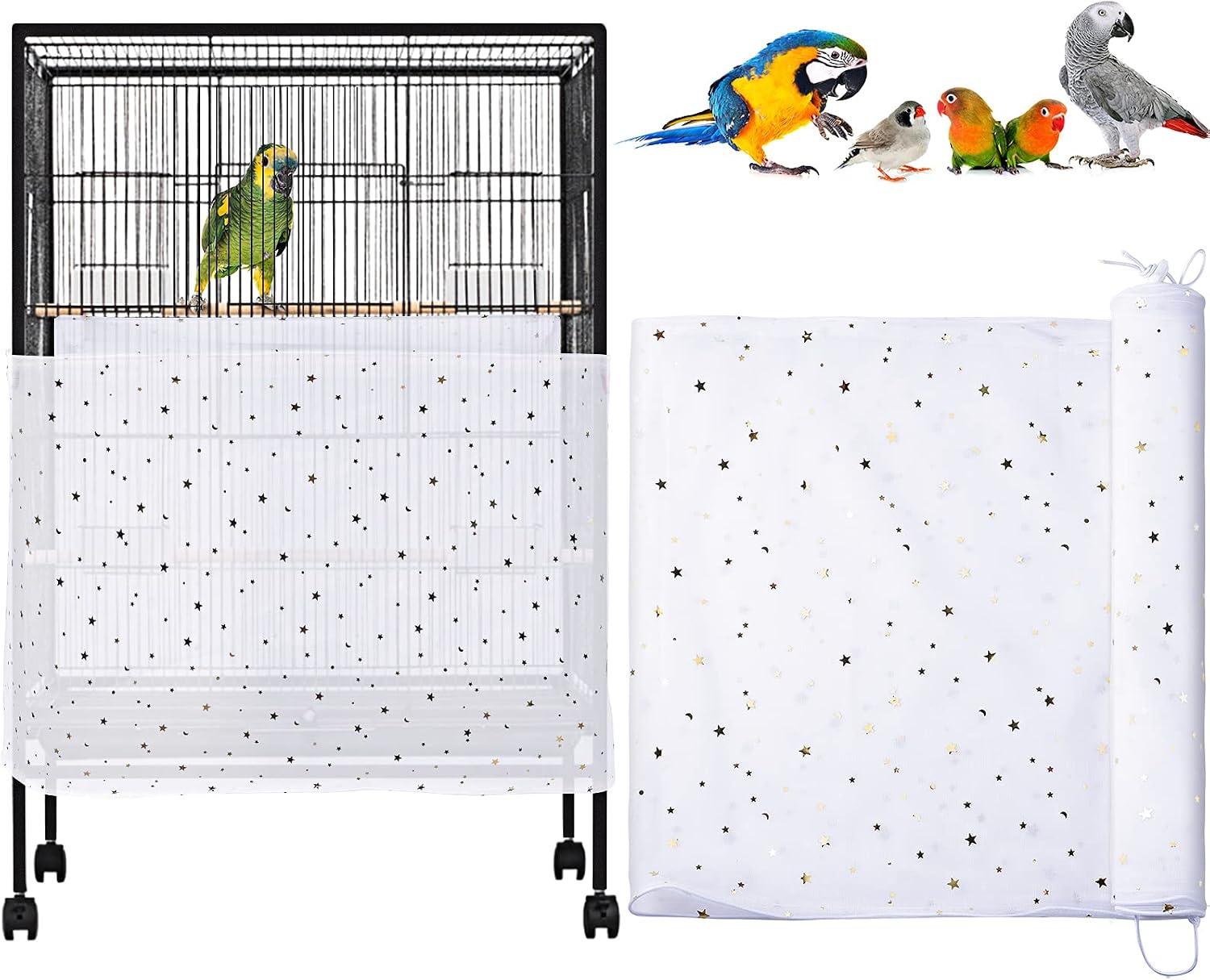 Shappy Universal Bird Cage Cover Skirt Nylon Mesh Net Guard Extra Large Parrot Birdcage Cover Bird Seed Feather Catcher Soft Airy Cage…