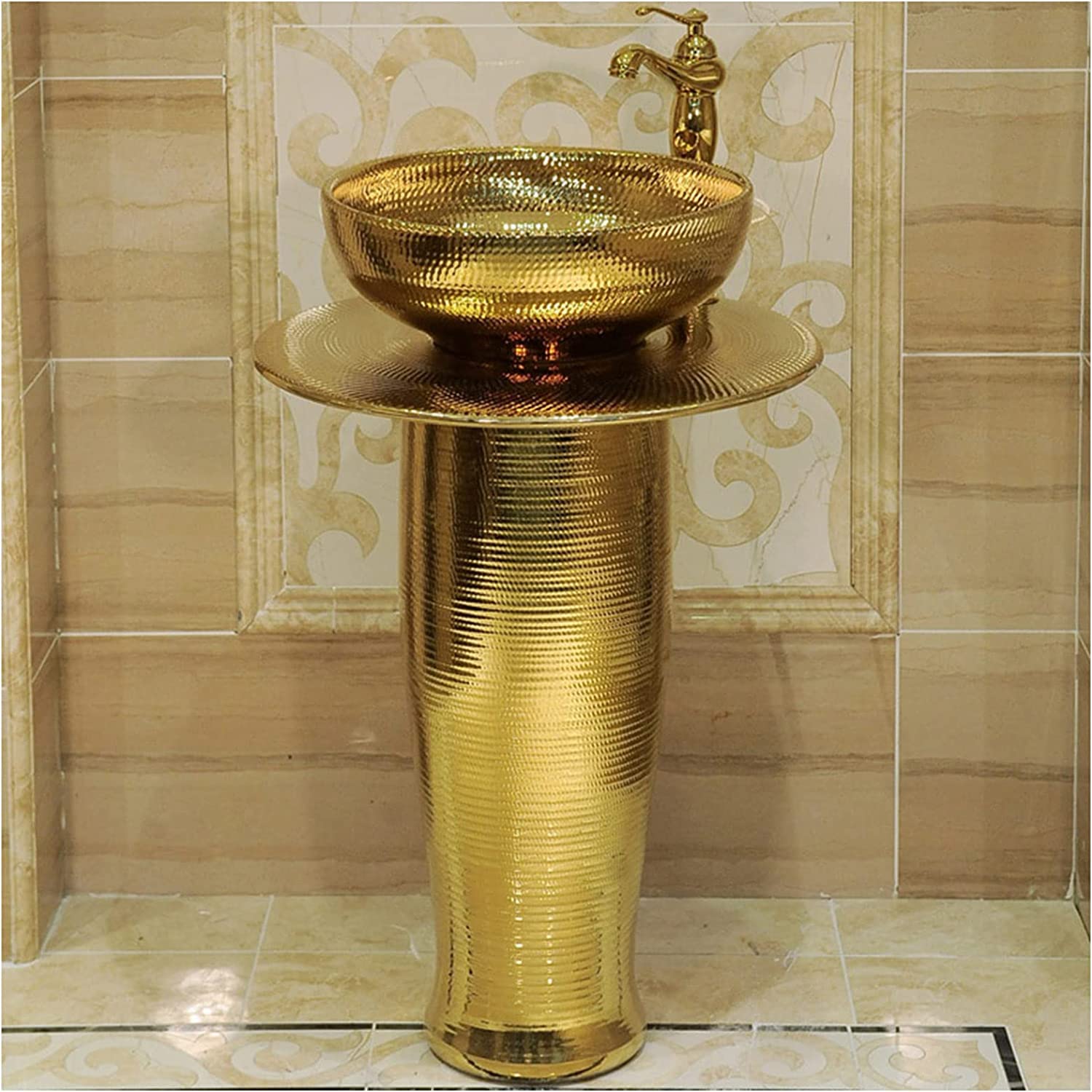 OLSKFUH Freestanding Pedestal Sink Floor Standing Art Sink Art Pedestal Bathroom Sink Vessel Sink, Kaolin Clay Pedestal Sink Freestanding Bathroom Sink With Full Pedestal And One,Gold-Without Mirror