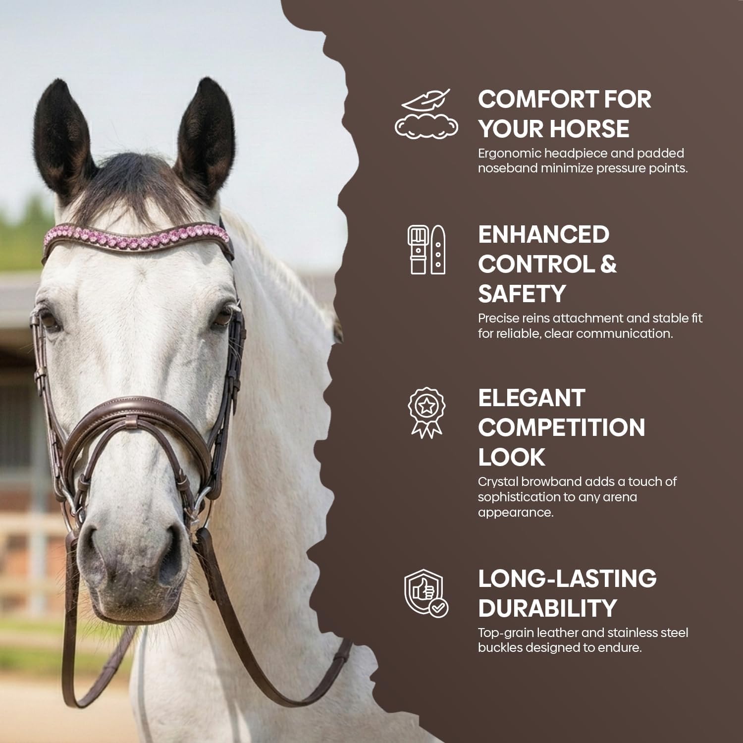 Equine Care Leather English Horse Bridle with Reins, Full Size, Choice of Browband Style, Padded Crown & Cavesson Noseband, Stainless Steel Hardware, Hunter Show Bridle.