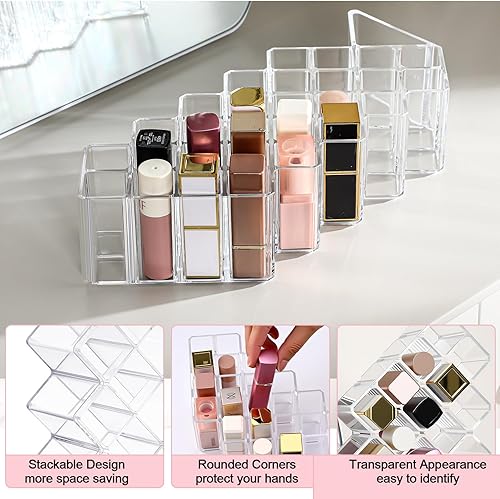 Miniatura 3 de Hoolerry Paquete de 4 soportes de acrílico para lápiz labial, 112 ranuras transparentes, organizador de brillo de labios apilables, torre de lápiz