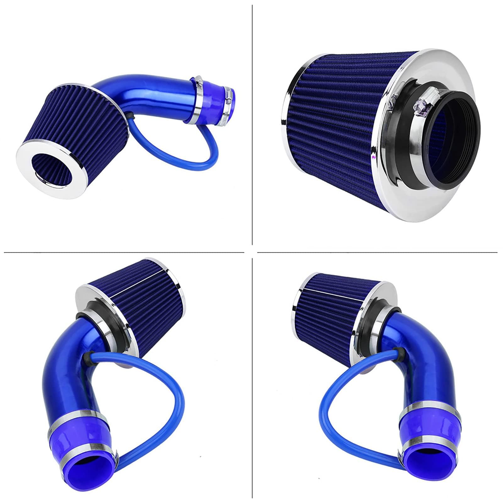 Universal Sportowy Filtr Powietrza, 76 mm, Zestaw Filtrów Wlotu Powietrza, Zestaw Filtrów Ssących Zimnego Powietrza z Wężem Aluminiowym, Niebieski