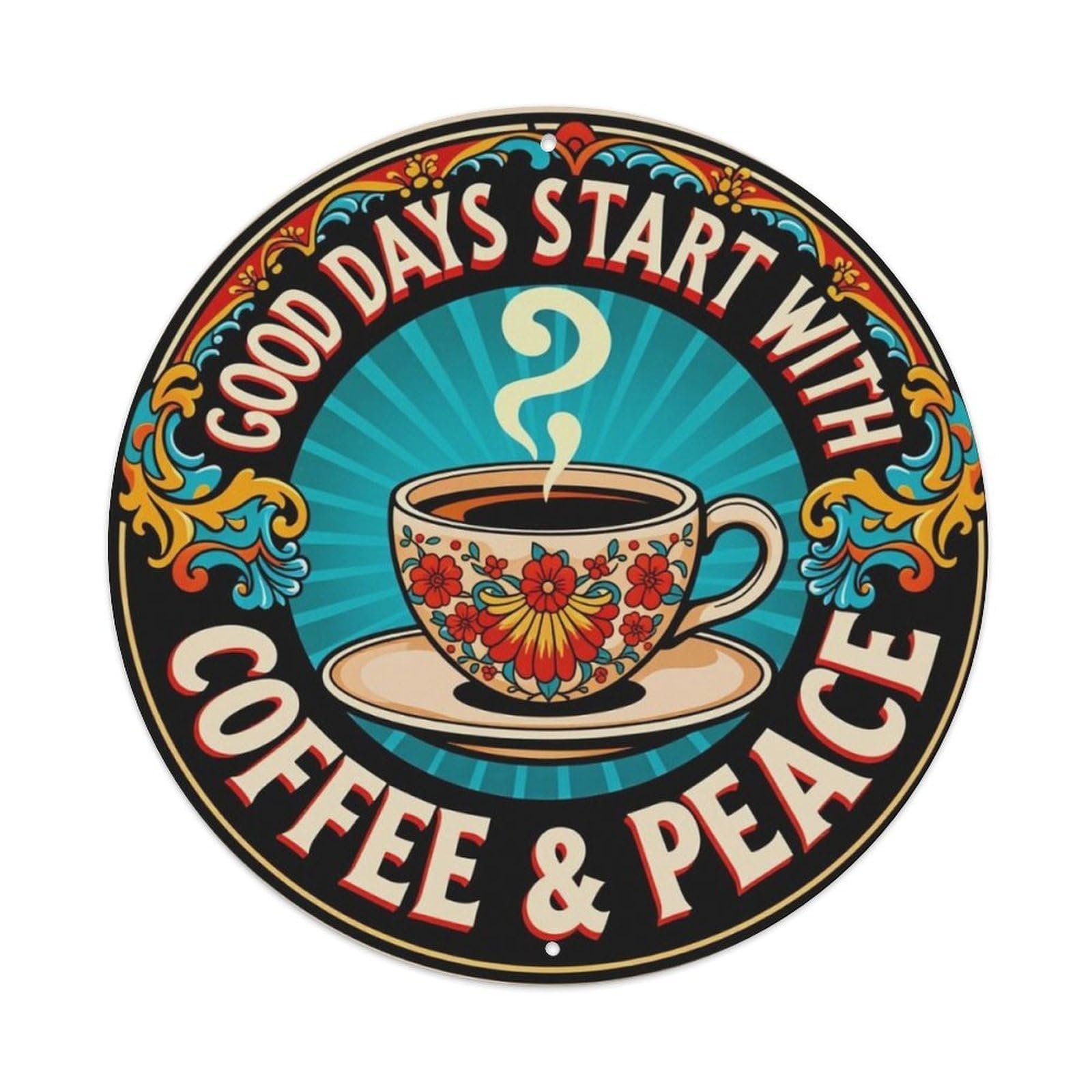 Vintage Floral Coffee Good Days Peace Round Decor Tin Sign Vintage Aluminium Metal Sign, Retro Wall Decor for Home, Bar, Garage & Farmhouse 20x20cm