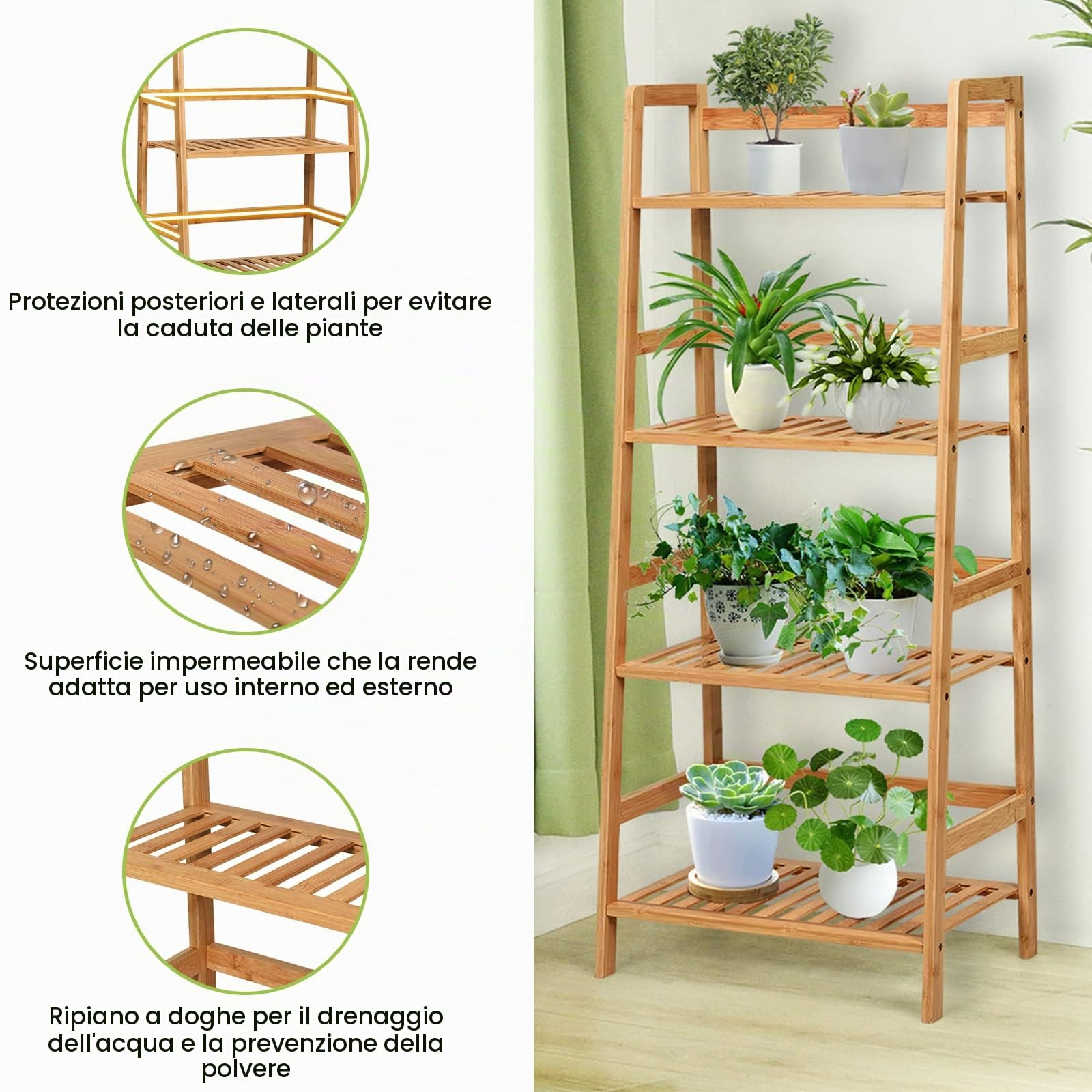 RELAX4LIFE Scaffale Porta Piante in Bambù, Supporto per Piante a 4 Strati, Espositore Impermeabile Multiuso per Giardino/Terrazza/Balcone (Naturale,48x32x115cm)