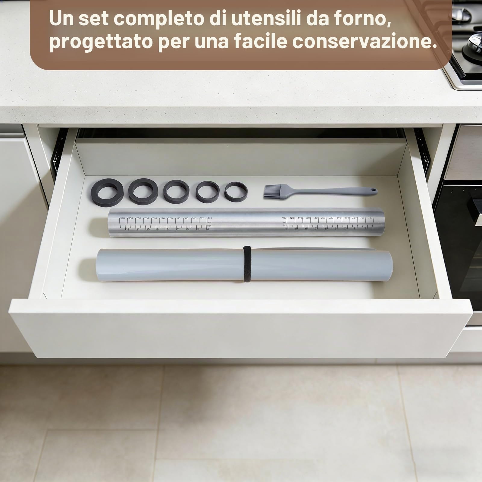 SUPER KITCHEN Mattarello in Acciaio Inox Con 5 Dischi Regolabili Anello, Stuoia di Rolling della Pasticceria del Silicone Antiaderente Tappetino da Forno Spianatoia per Impastare (50x40cm, Grigio)