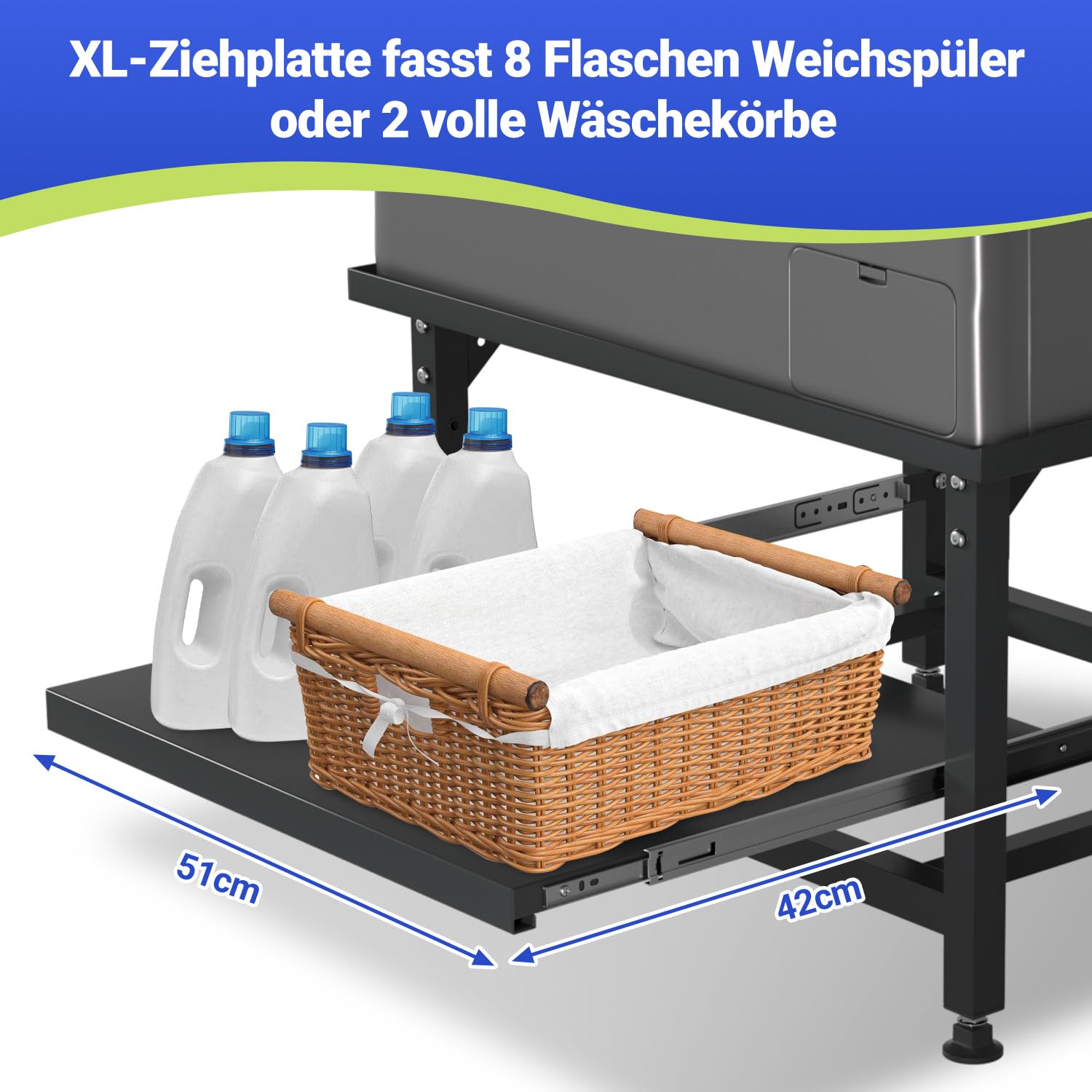 Herrselsam Base per lavatrice con ripiano estraibile, altezza 42 cm, piedini regolabili in altezza e assorbimento del rumore, base per lavatrice con cassetto estraibile a 3 livelli, portata 150 kg
