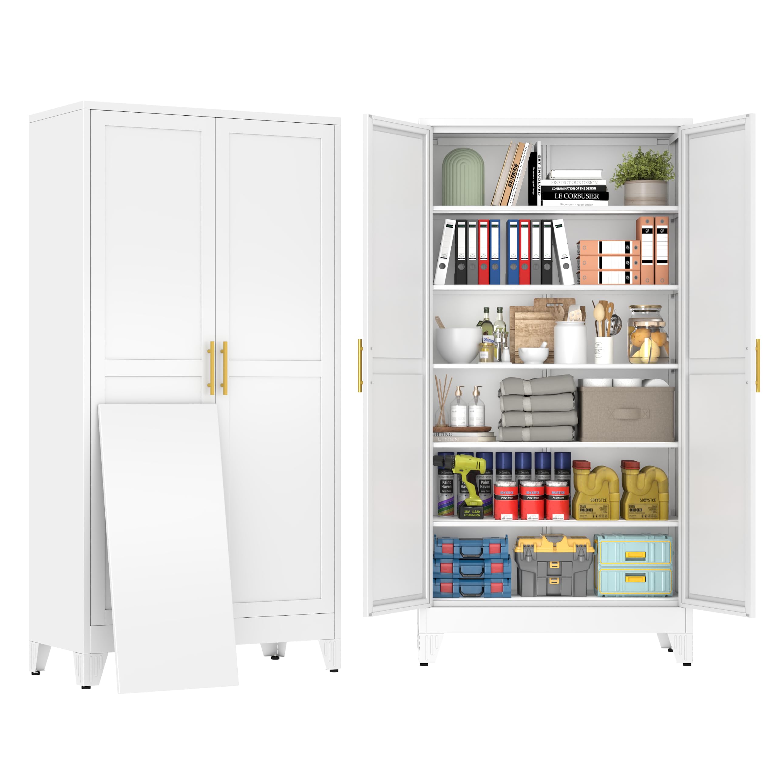 79" White Metal Storage Cabinet with 2 Doors and 5 Adjustable Shelves,Steel Garage Tool Cabinet, File Cabinet,Kitchen Pantry Cabinet for Home,Office,Garage,School,Warehouse
