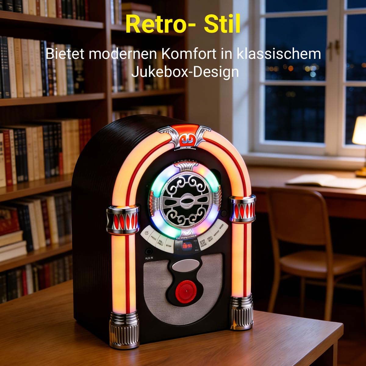 Retro Jukebox Musikbox mit CD-Spieler, Musikanlage Nostalgie Design, Bluetooth, Vintage FM/UKW Radio Wireless für Zuhause, Aux-In Port und Farbwechsel LED Lichter (Braun)
