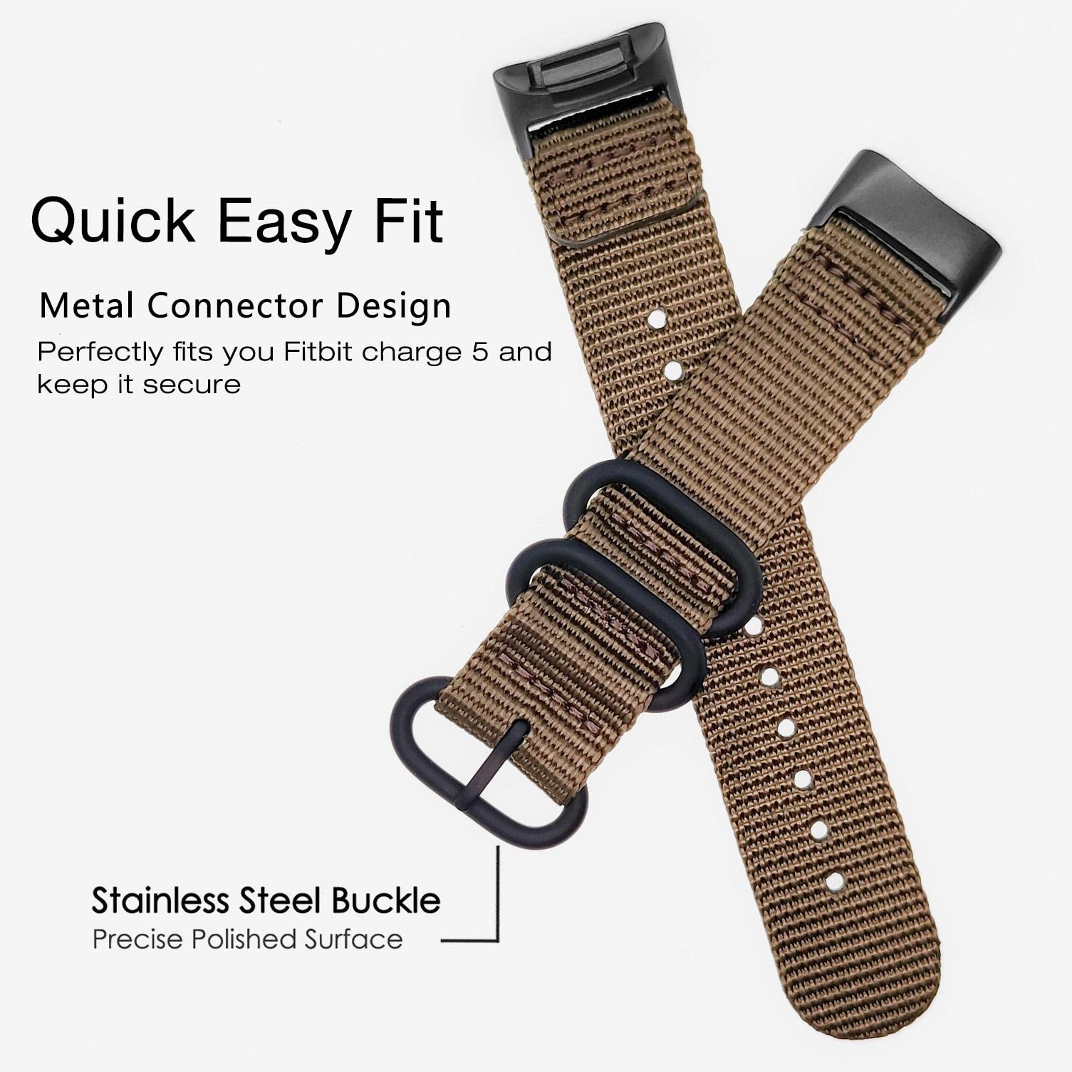 Abanen Nylon Bands for Fitbit Charge 5, Woven Nylon Quick Dry Band Wrist Strap with Stainless Steel Ring Clasp Adjustable Compatible with Fitbit Charge 5 for Men and Women (Tan)