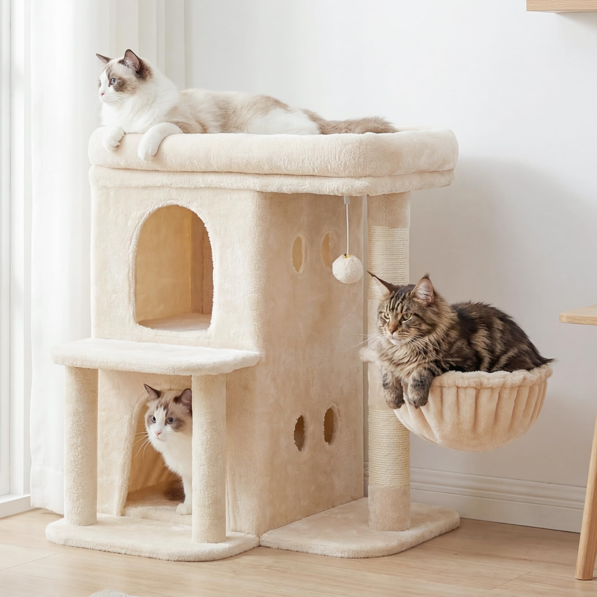 Heybly Albero Tiragraffi, Torre da 65 cm per Gatti Grandi con Piattaforma Spaziosa, Cabine a Due Livelli, Pali Graffiatori in Sisale, Cestino Confortevole e Pompom, Beige HCT204SM