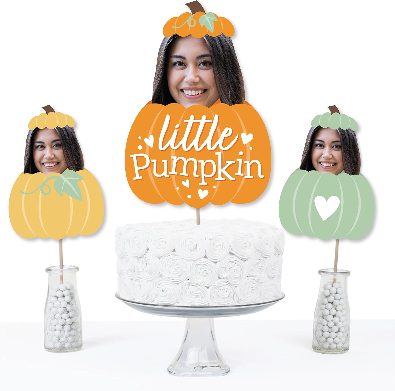 Big Dot of Happiness Custom Photo Little Pumpkin - Fall Birthday Party Centerpiece Sticks - Fun Face Table Toppers - Set of 15