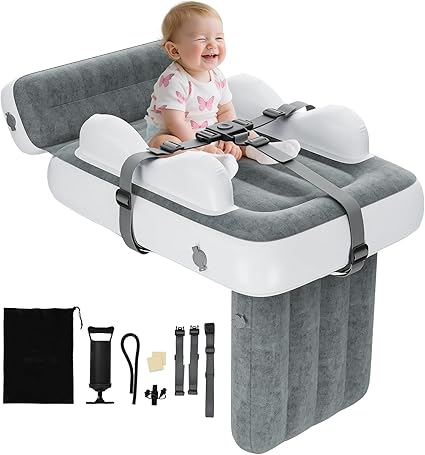Inflatable Toddler Airplane Bed with Storage Bag - Lightweight Airplane Seat Extender for Kids - Inflatable Toddlers Air Mattress & Portable Kids Travel Bed with Hand Pump & Safety Belt