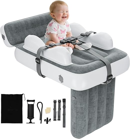Inflatable Toddler Airplane Bed with Storage Bag - Lightweight Airplane Seat Extender for Kids - Inflatable Toddlers Air Mattress & Portable Kids Travel Bed with Hand Pump & Safety Belt