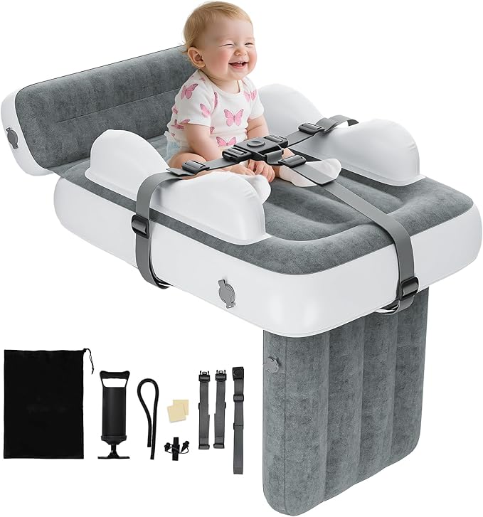 Inflatable Toddler Airplane Bed with Storage Bag - Lightweight Airplane Seat Extender for Kids - Inflatable Toddlers Air Mattress & Portable Kids Travel Bed with Hand Pump & Safety Belt