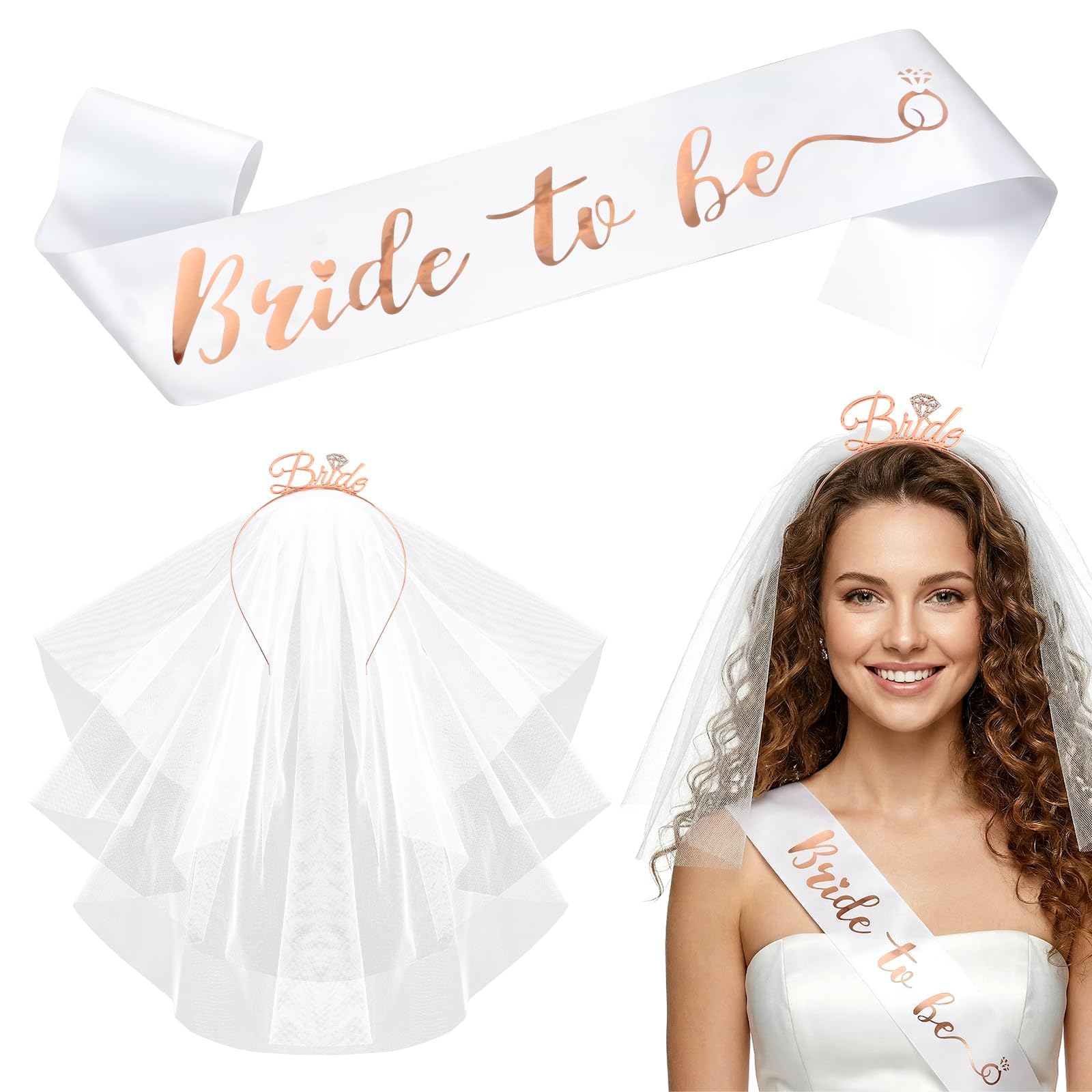 DOORIO Bride to Be Sash and Tiara Veil Kit Bride Headband for Bridal Shower Hen Party Wedding Bachelorette Partiy Accessories