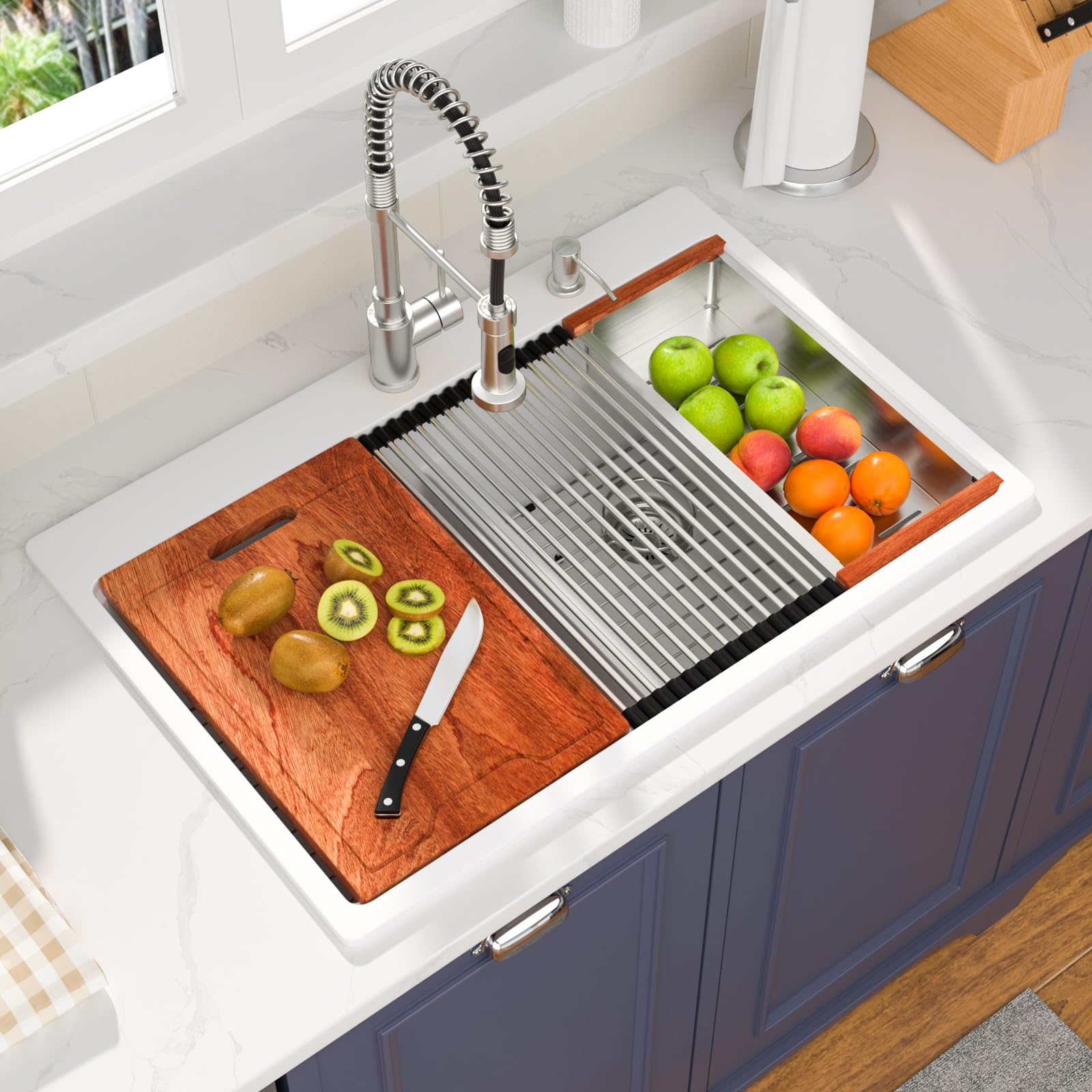 33 Drop in Granite Composite Kitchen Sink White 33"x22"x10" Double Bowl Low-Divide Workstation Sinks 50/50 Split Topmount Large Deep Sink Basin with Accessories