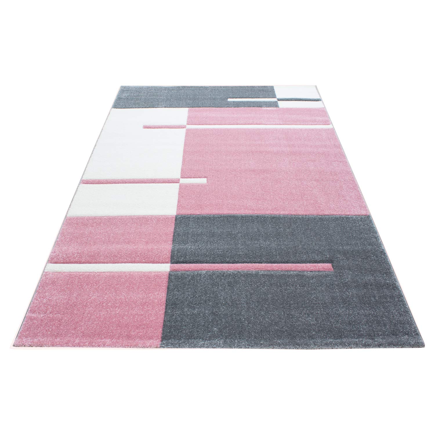 HomebyHome Tapis 160x230 cm à Poils Courts Coupe Contour Rose Gris Blanc Motif Carreaux Lavable Facile d'entretien Extra Doux pour Salon Salle à Manger Chambre