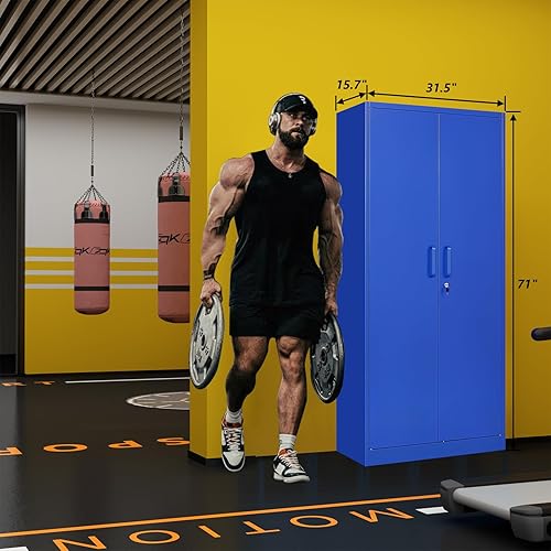 Miniatura 7 de STANI Armario de almacenamiento de metal para garaje con cerradura, archivador de acero con cerradura de 71 pulgadas, gabinete de almacenamiento de