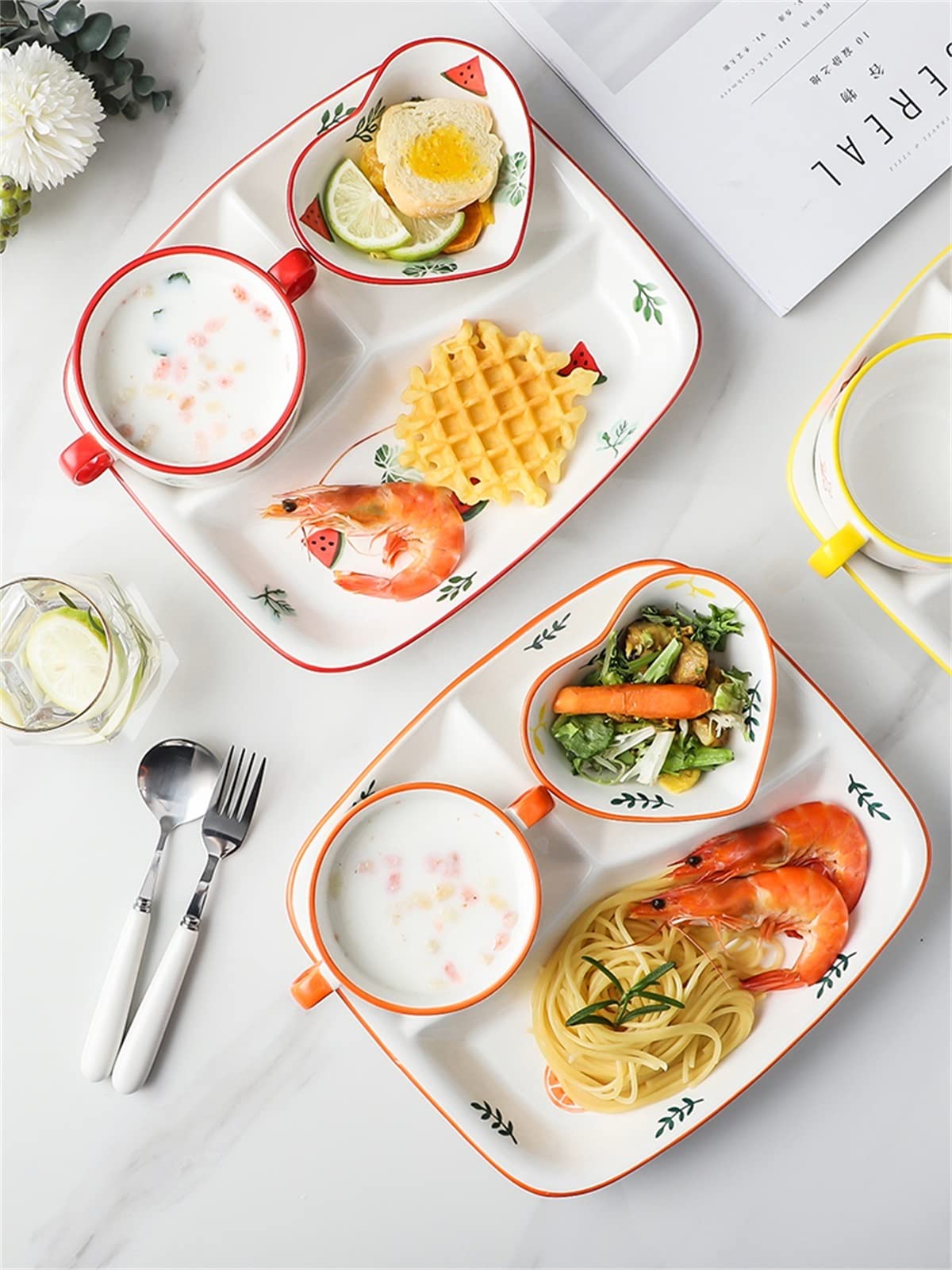 Assiette à dîner avec compartiment, bol, cuillère et fourchettes – Design robuste pour une alimentation saine