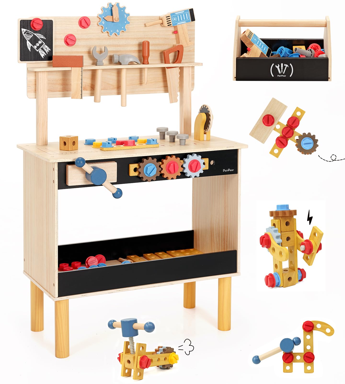 PairPear Wooden Kids Tool Bench, Toddler Workbench with 71 PCS Tool Set, Wooden Toy Play Worshop Toolbox with Drill, Hammer, and Construction Tools, Kids Gift for Boys & Girls 3+ Years Old