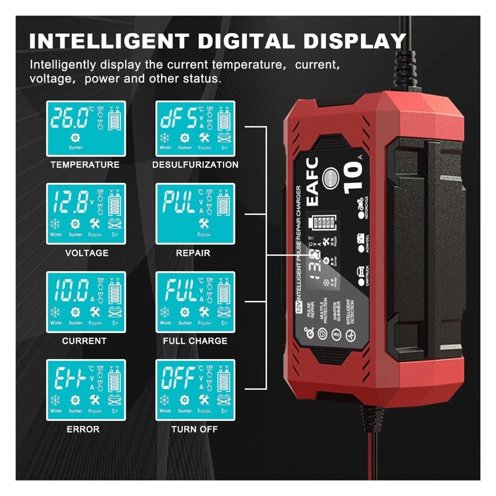 Caricabatterie, Caricabatteria for auto 12V Touch Screen Pulse Repair Display LCD digitale Caricabatteria rapido intelligente(10A)