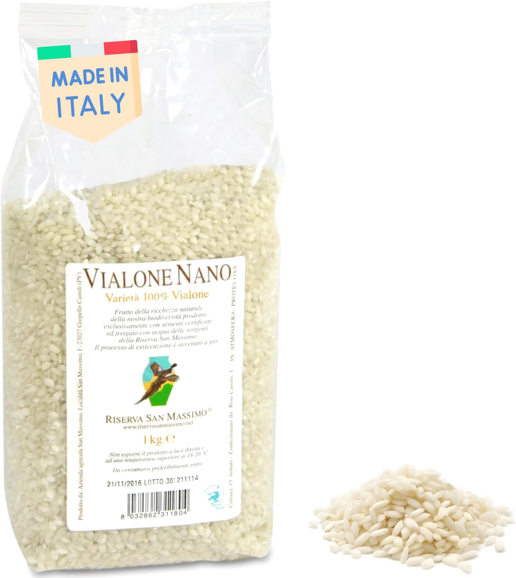 Riserva San Massimo Vialone Nano Risotto Rice from Italy - Ultra Premium Italian Rice for Risotto - Grown in the wetlands of the Ticino River Natural Reserve - Italian Food (2.2 lbs | 1 kg)