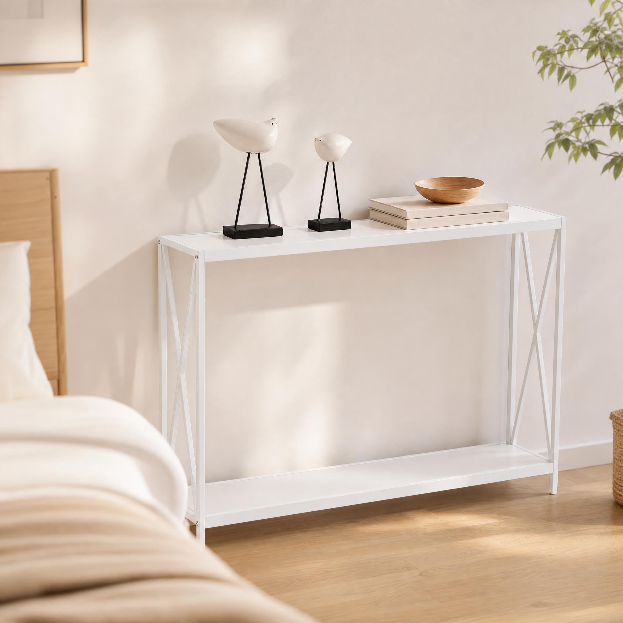 Bonnlo Slim Console Table, 2-Tier Sofa Table Behind Couch with X-Shaped Frame, 110cm Narrow Entryway Table for Hallway Living Room, White โ image 1