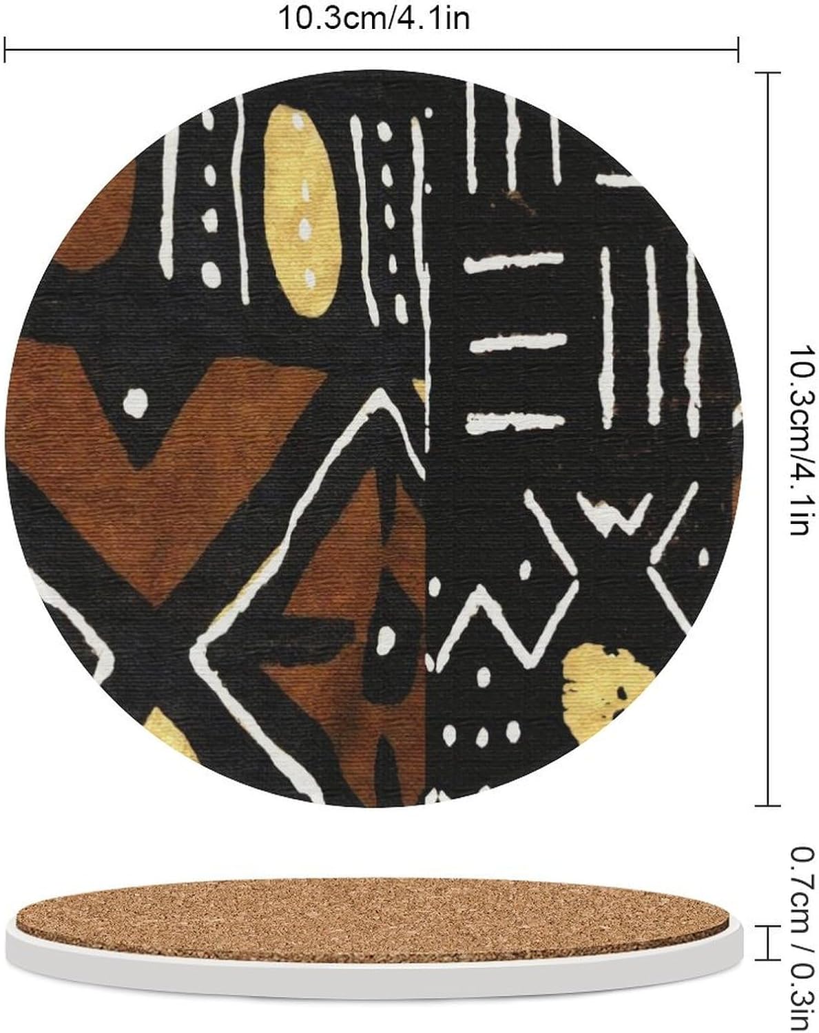Contemporary African Mud ClothPrint Black Circular Ceramic Absorbent Coaster, Suitable for Various Cups 6PCS