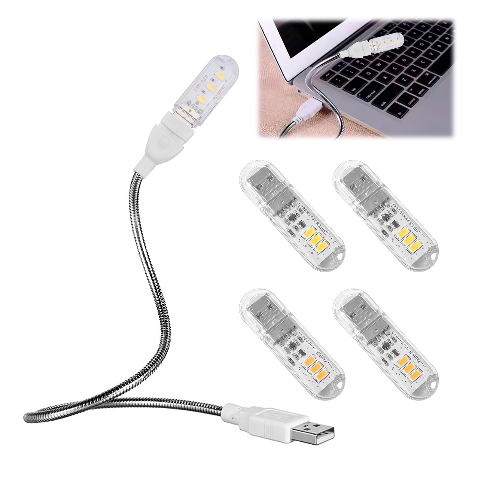 4 Pezzi Lampada LED USB Portatile, Luce da Tastiera per PC e Computer, Lampada USB per PC, Luce USB Portatile, Lampada da Lettura Regolabile con Luci Bianche e Gialle, per Ufficio e Casa