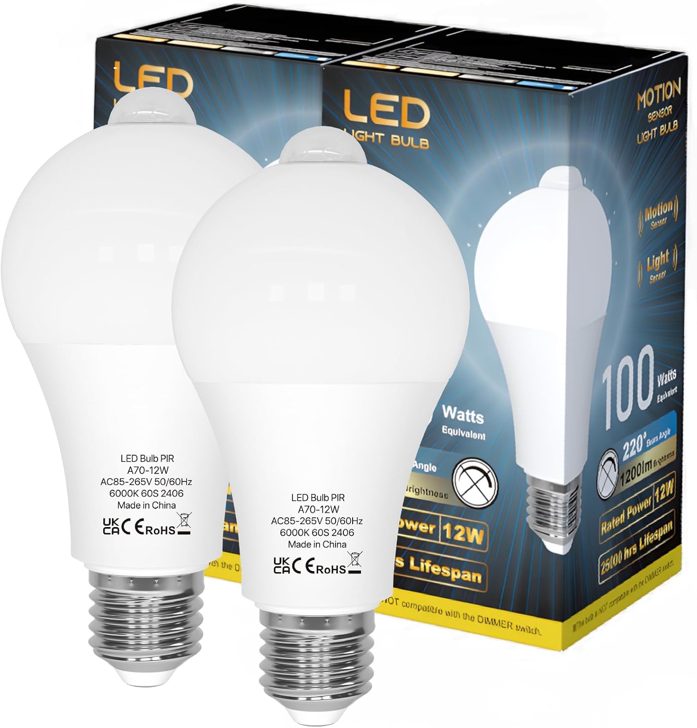 E27 Motion Sensor Light Bulb 12W E27 LED Cool White Pack of 2