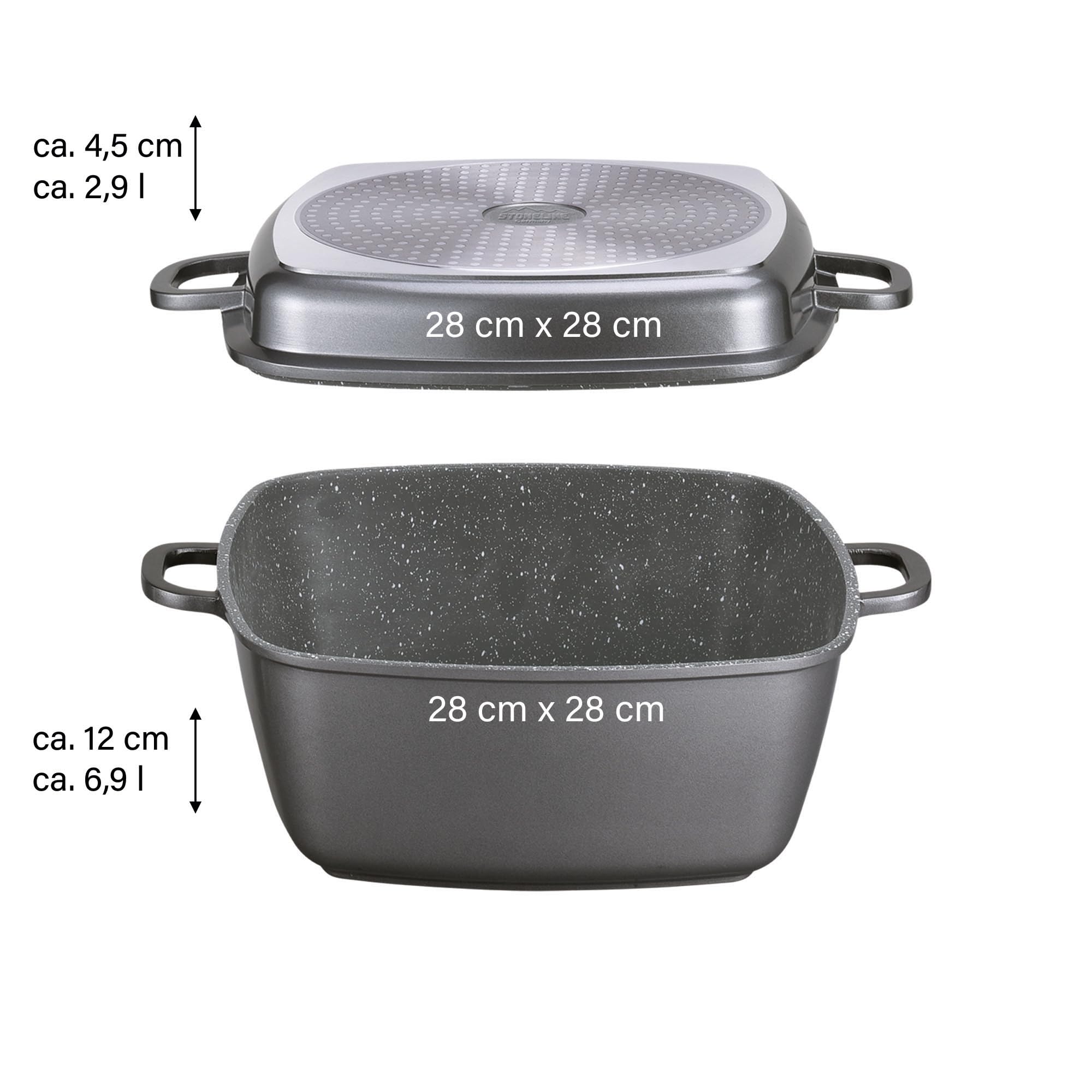 STONELINE Cocotte carrée multi-usage 28x28 cm, avec fonction Vapeur et Friture, convient à l'Induction, en Fonte d’Aluminium, Revêtement Antiadhésif avec de vraies particules de pierre, Gris