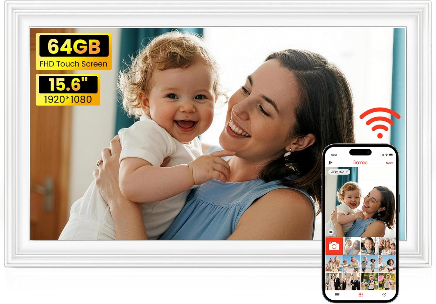 BIGASUO Digital Picture Frame 15.6" Frameo 64GB Large WiFi Electronic Photo Frames 1920 x 1080 IPS FHD Touch Screen Share Moments Instantly Anywhere Best Gifts for Parents and Grandparents White