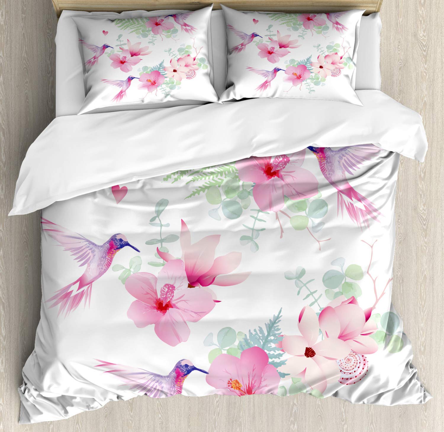 Ambesonne Hummingbirds Duvet Cover Set, Tropical Summer Flying Avian Animal Theme Wild Nature Theme, Decorative 3 Piece Bedding Set with 2 Pillow Shams, King Size, Pink Purple