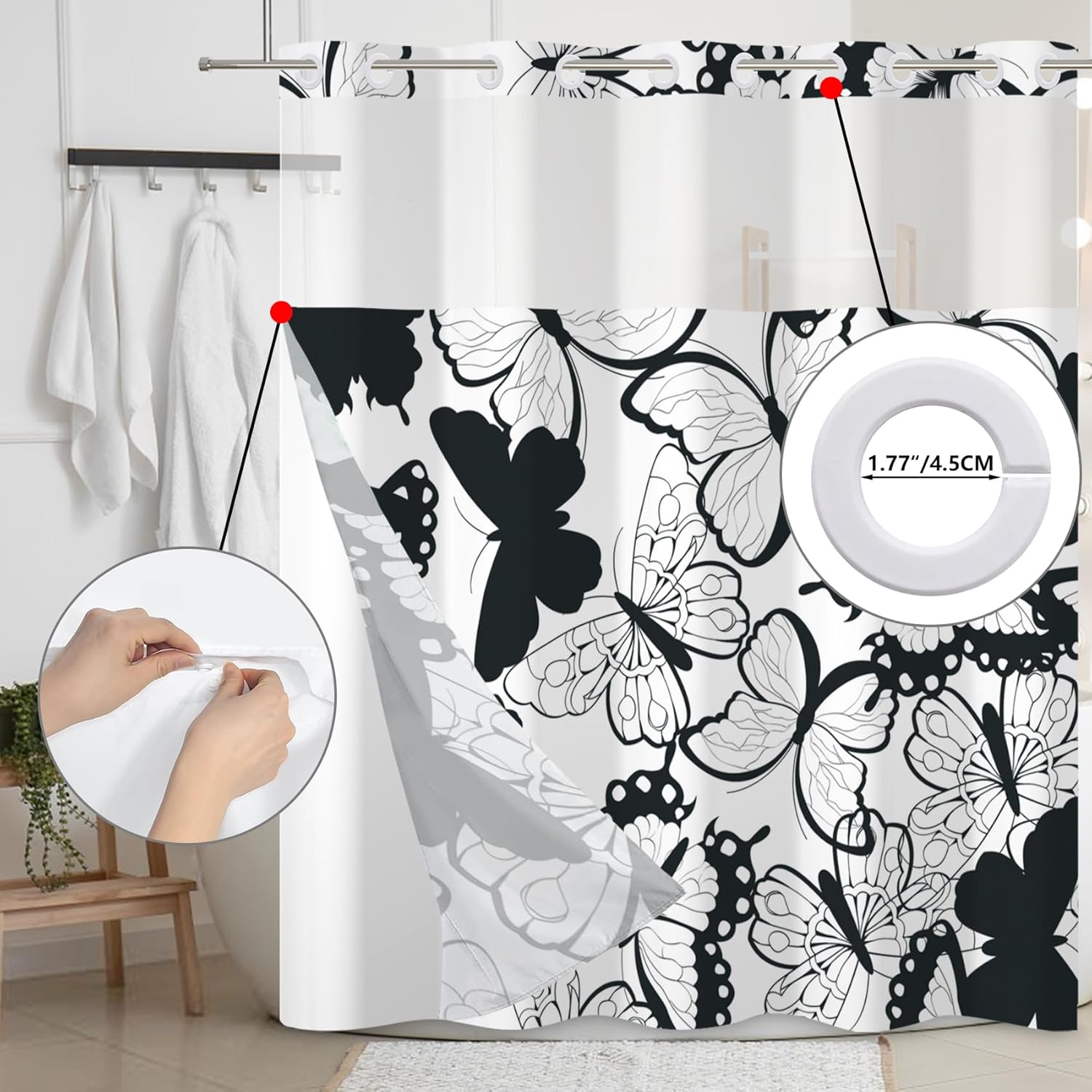 Baocicco Black and White Butterfly No Hook Shower Curtain with Snap in Liner Decorative Aesthetic Women Girls Hotel Style Waterproof Fabric Double Layers with See Through Mesh Top Window 71x74 Inch