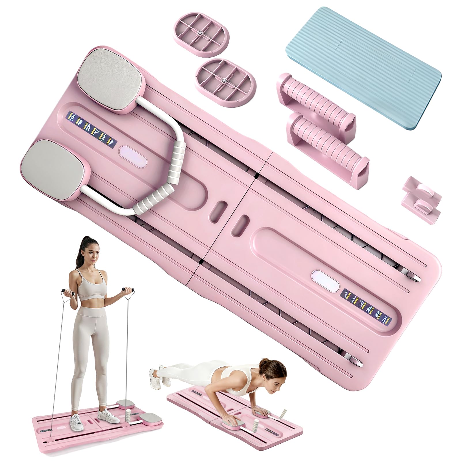 Roadtime Reformateur Pilates 6 en 1 Amélioré Pliable Ensemble Compact de Plateau Pilates pour la Protection des Genoux et Entraîneur Abdominal Multifonctionnel, Planche Abdominale avec Rebond Rose
