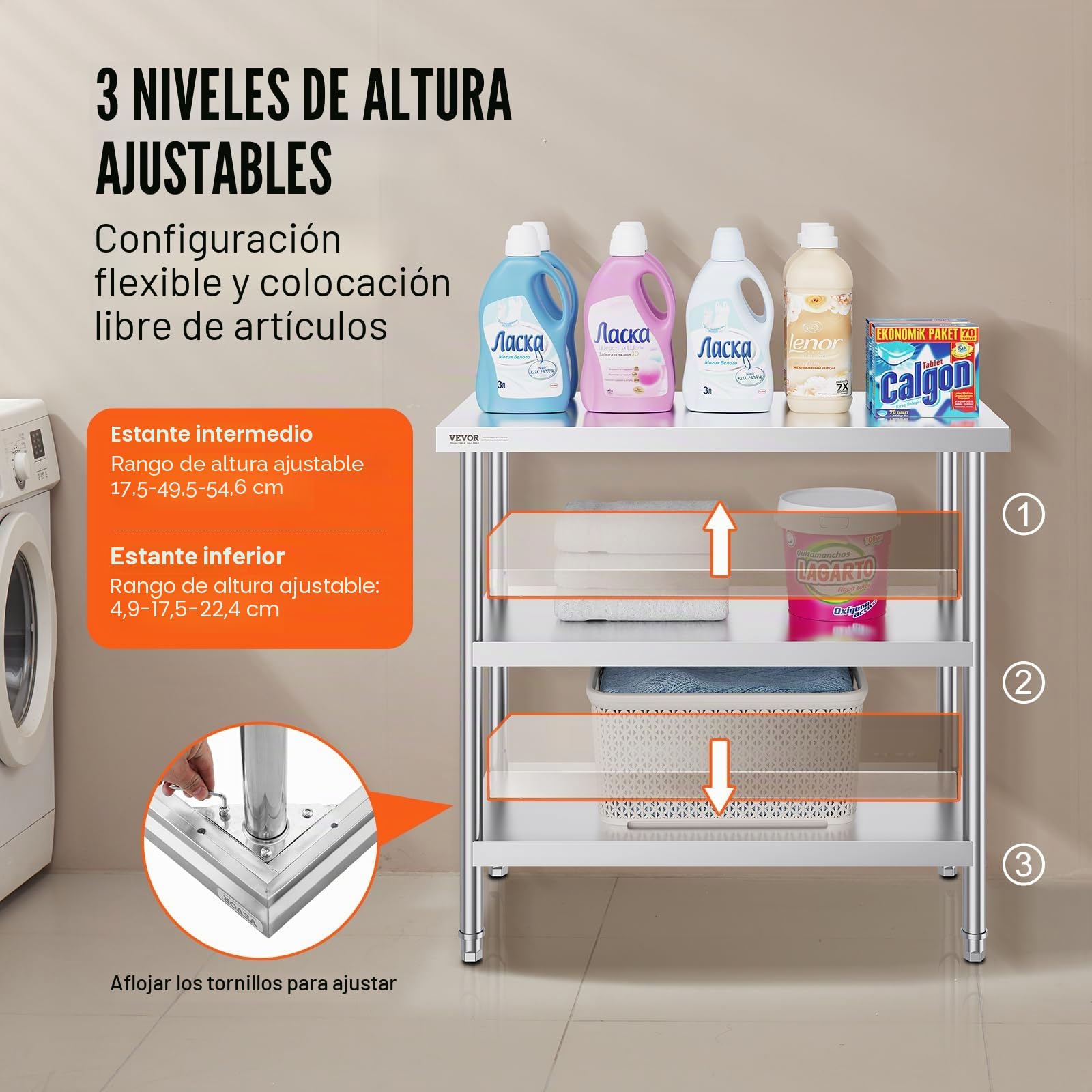 VEVOR Mesa de acero inoxidable para preparación de alimentos, 18 x 36 x 34 pulgadas, con 2 estantes ajustables y mesa de trabajo comercial