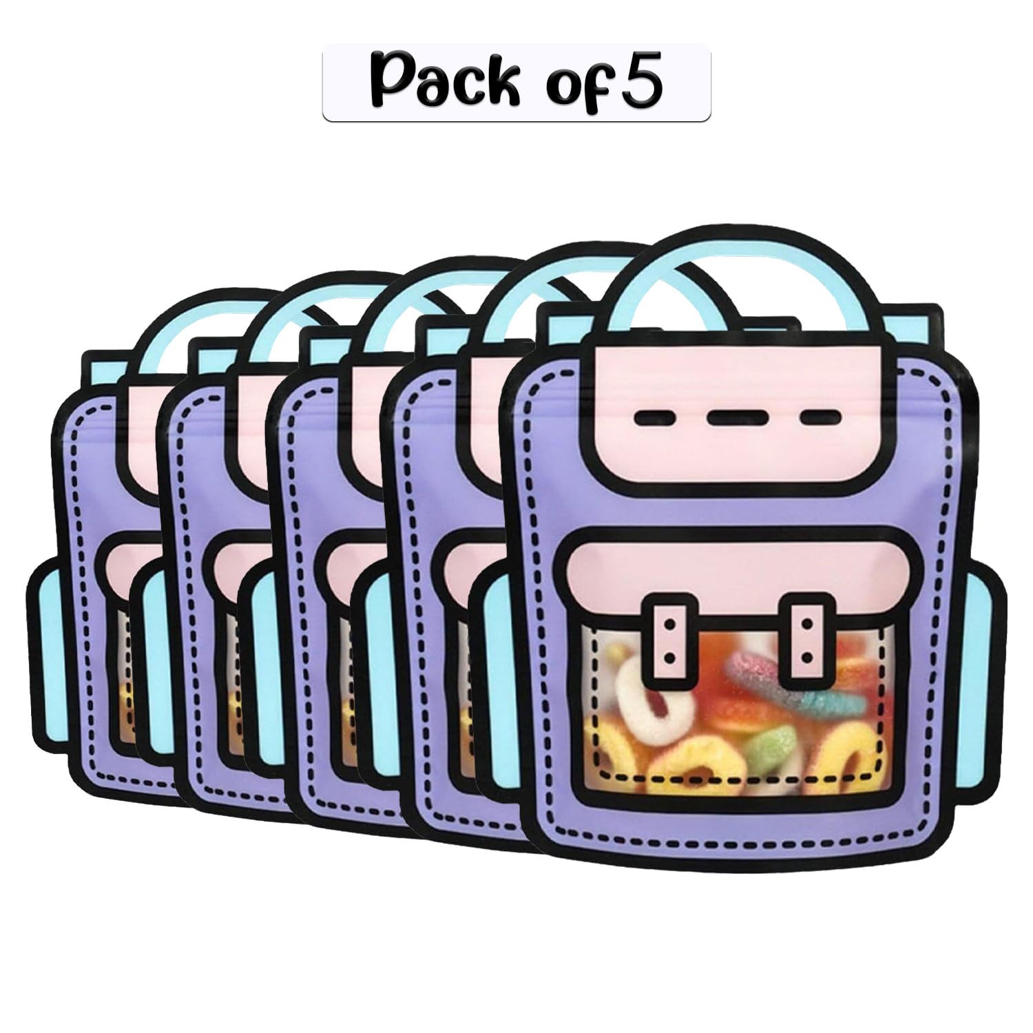 SKY FLEXI PACK – 5 Pcs, Medium, School Bag Themed Candy & Cookie Bags (24cm x 28cm, Purple) – Perfect Goody Bags for Kids, Ideal for Return Gifts for Birthday and Party Favors 1