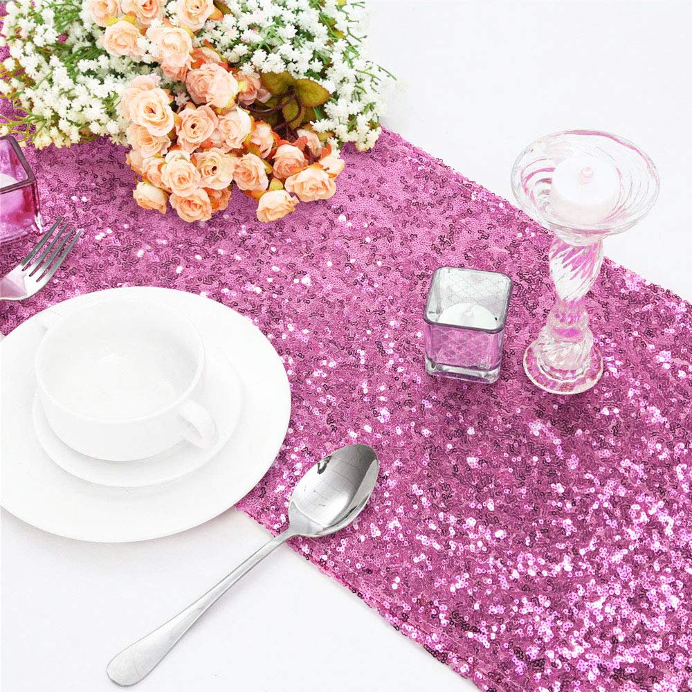 Time To Sparkle Sequin Pink 12X108inches Glitter Sequin Table Runner Chair Sashes Swags Wedding Party Table Decoration,