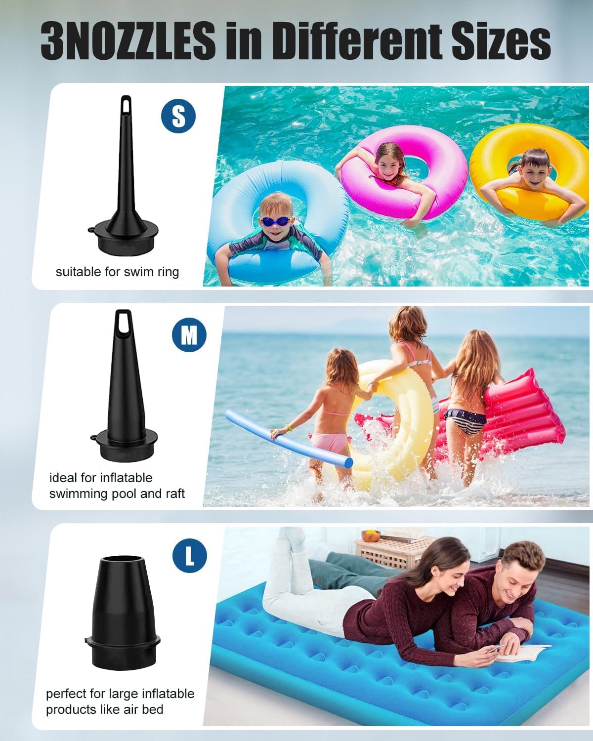 Pompa ad aria elettrica da 4000 mAh, batteria ricaricabile con 3 ugelli, gonfiatore elettrico portatile, con sorgente luminosa, può essere appesa, adatta per piscine gonfiabili per barche, materassi