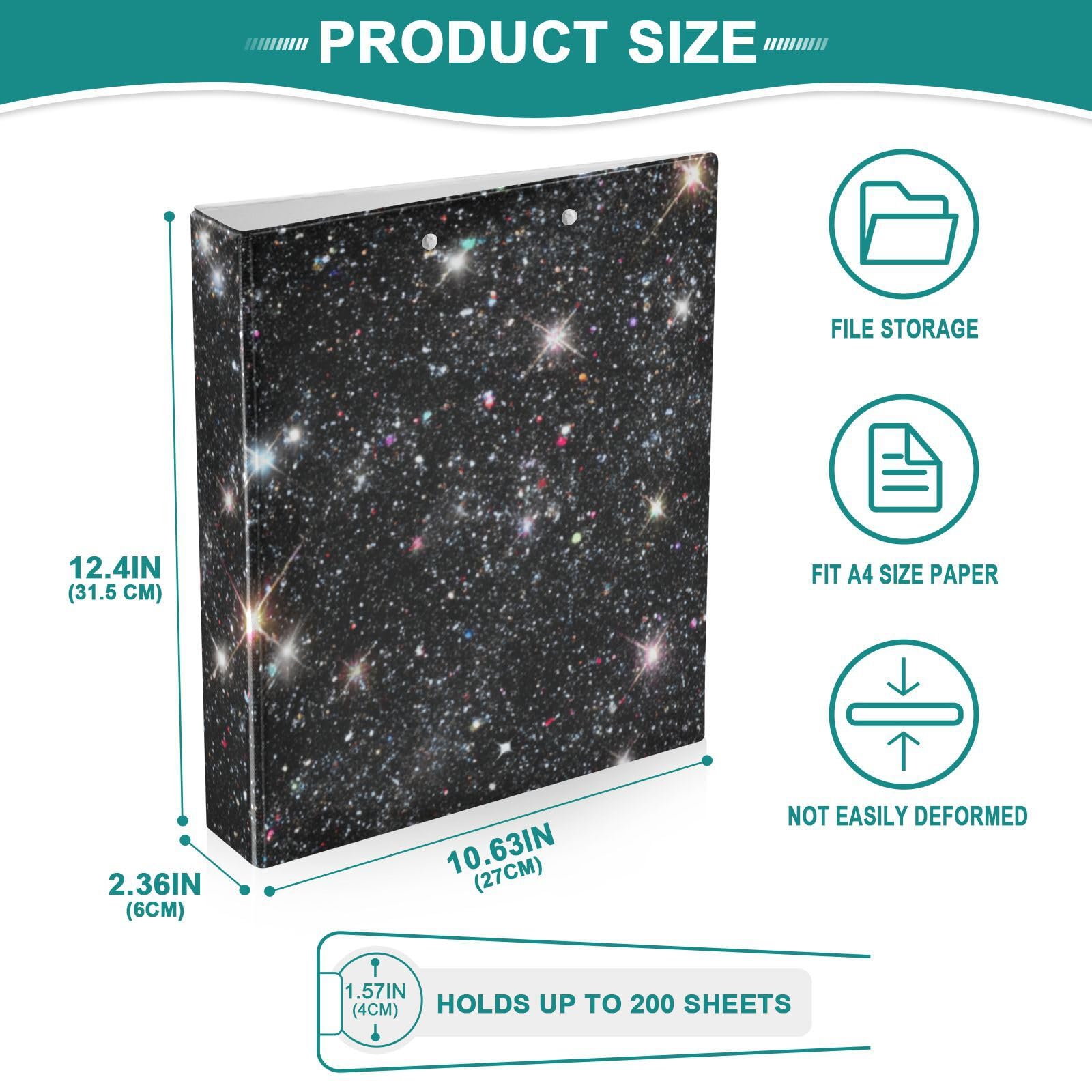 Classeur à 3 anneaux ronds à paillettes noires brillantes de 3,8 cm avec porte-bloc pouvant contenir 200 feuilles pour bureau, maison, école