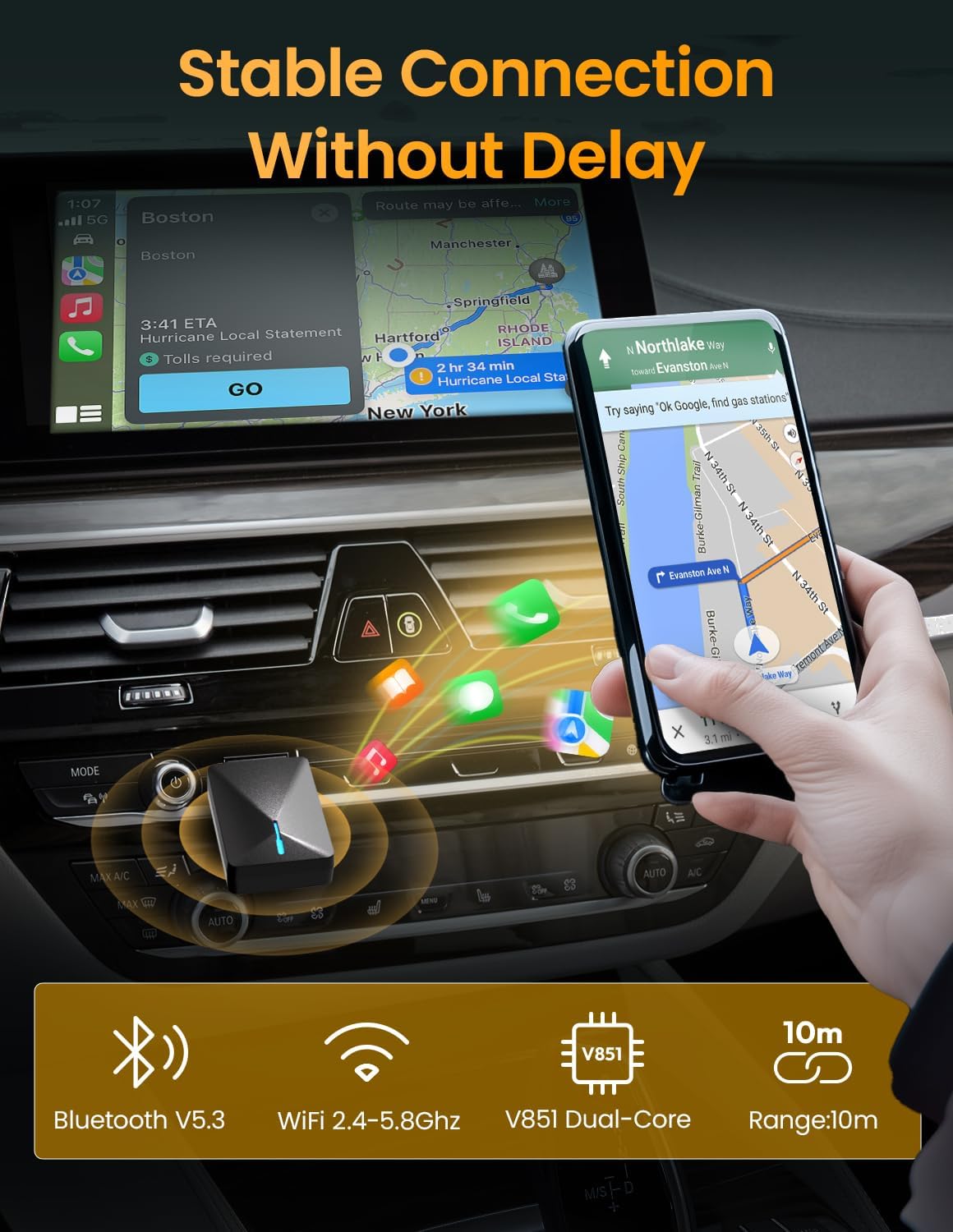 Wireless CarPlay Adapter for iPhone & Android Auto - Plug & Play, Fast Low Latency, Convert Wired to Wireless CarPlay, Compatible with iOS 10+/Android 11+, 2018+ Cars, Smart OTA Update - Image 2