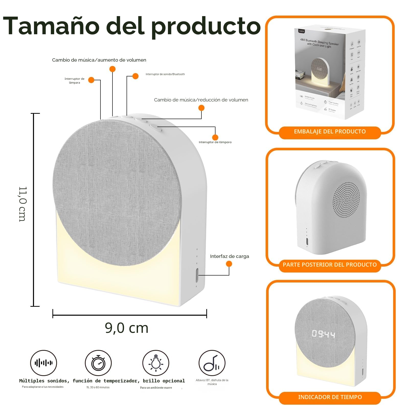 4 en 1 Despertador Digital + Máquina de Sonido + Altavoz Bluetooth + Luz Noche, Gemmac Lámpara Nocturna Despertador de Ruido Blanco Máquina de Sonido Dormitorio Night Light para Bebé, Niños, Guardería