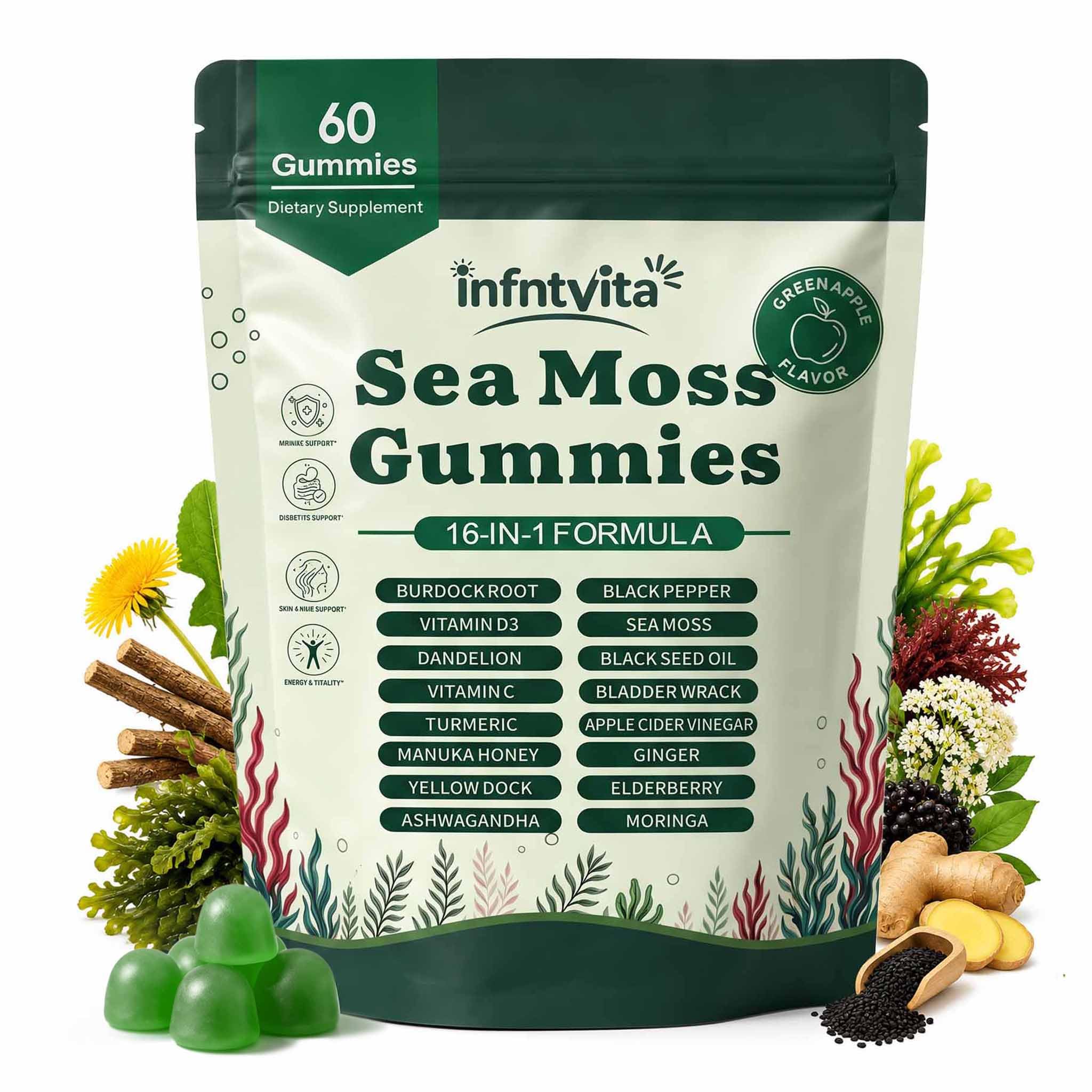 Sea Moss Gummies 16-in-1 for Immune, Gut & Energy Support, 60 Gummies