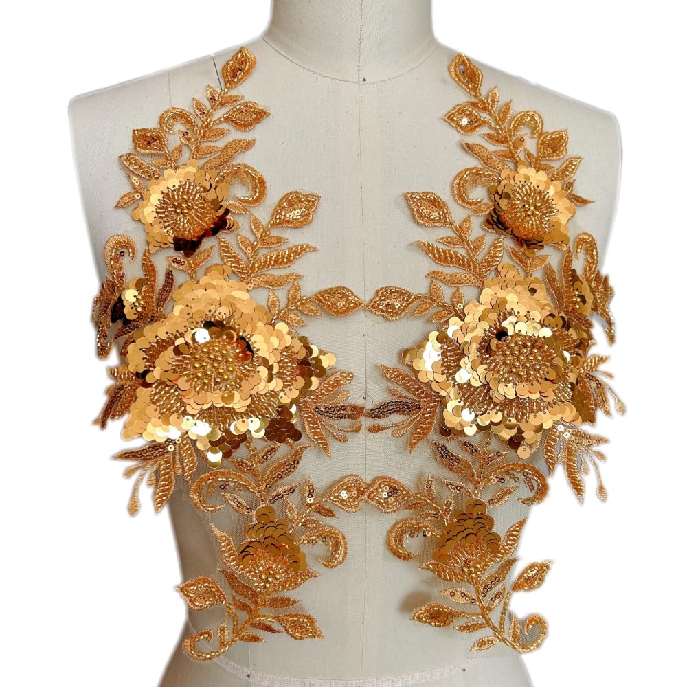 Beaded Sequins Appliques Gold Crystal Trim Patches Accessories for Dress Clothes,Wedding Dress DIY Decoration 1 Pair (Gold-513)