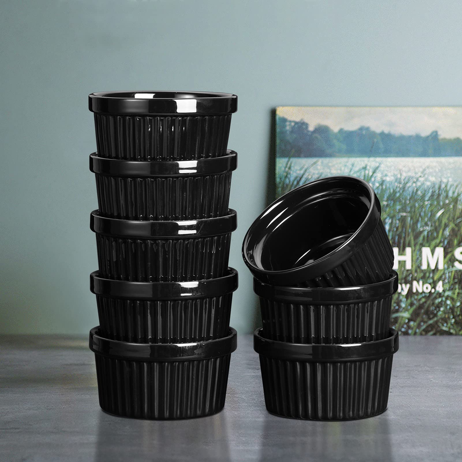 Garvee Ramequines de cerámica de 8 onzas, juego de 8 ramequines de porcelana para hornear, pudín, tazas de natillas, salsas de inmersión, aptos para lavavajillas y horno, color negro