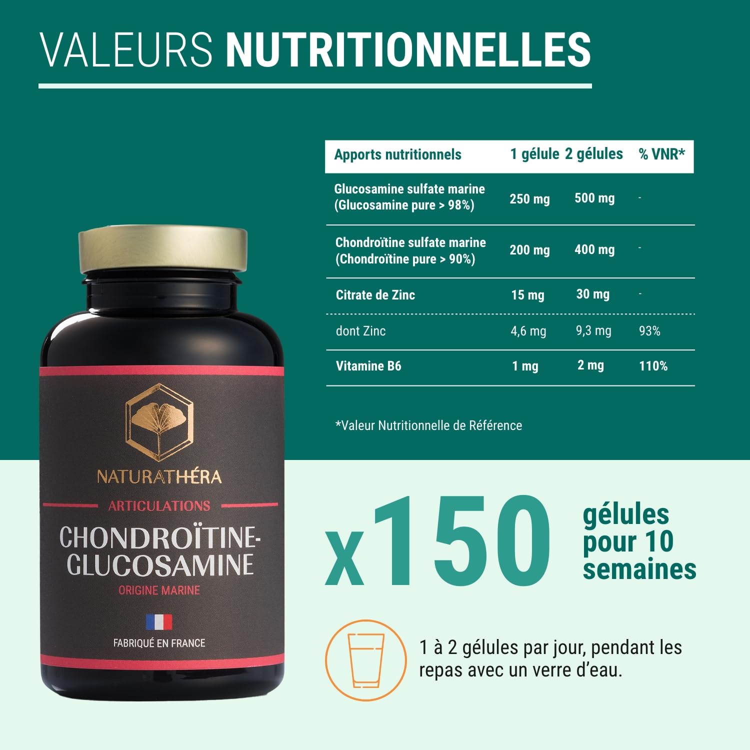 CHONDROÏTINE GLUCOSAMINE MARIN - Complément Alimentaire Arthrose, Rhumatismes & Douleurs Articulaires - Pureté Garantie - 150 Gélules - Fabriqué en France - Sans Additifs Allergènes OGM