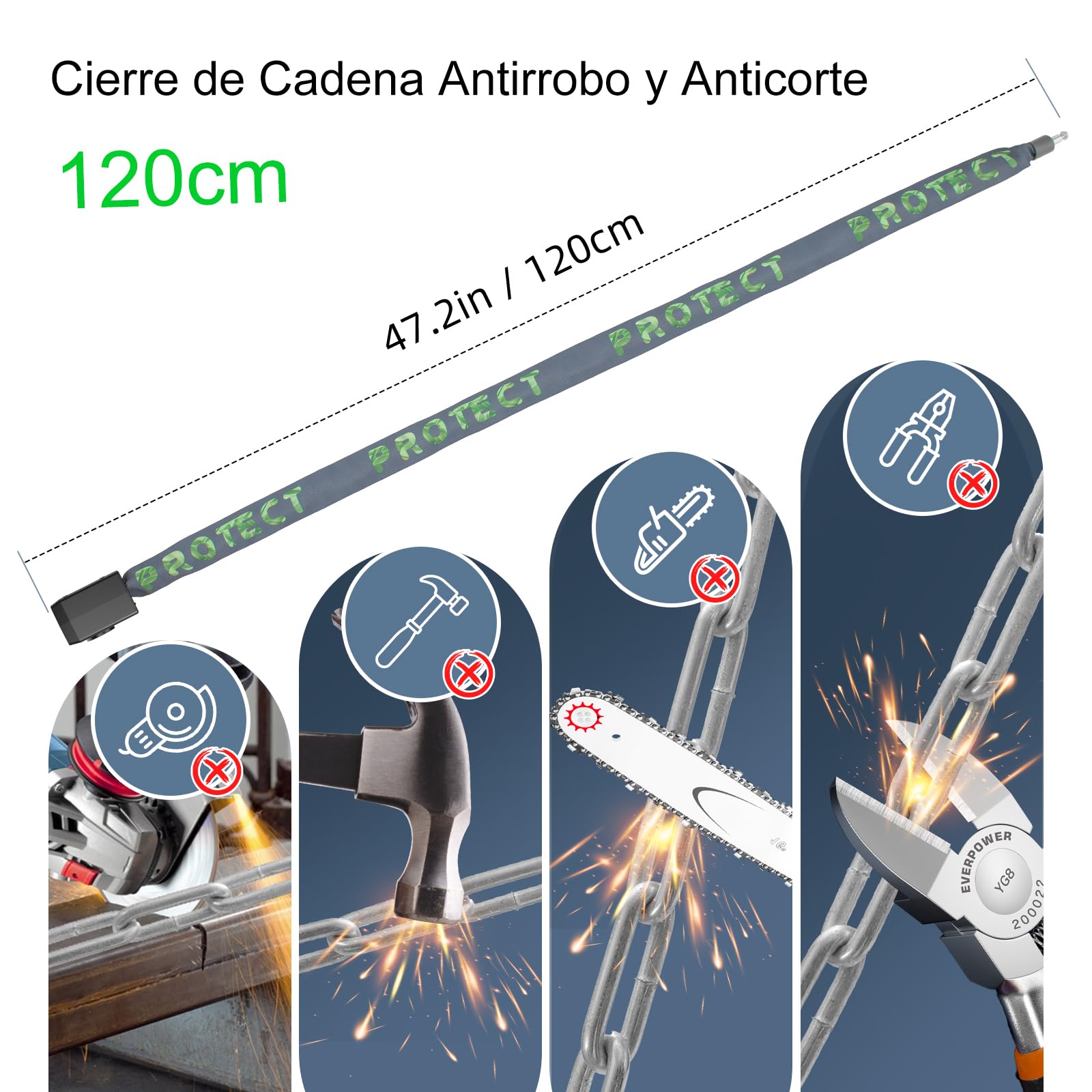 Candado de cadena para bicicleta con alarma, bloqueo antirrobo, 110 dB, seguridad de 4 pies, resistente con cable USB C y 3 llaves para bicicleta/scooter eléctrico/motocicleta