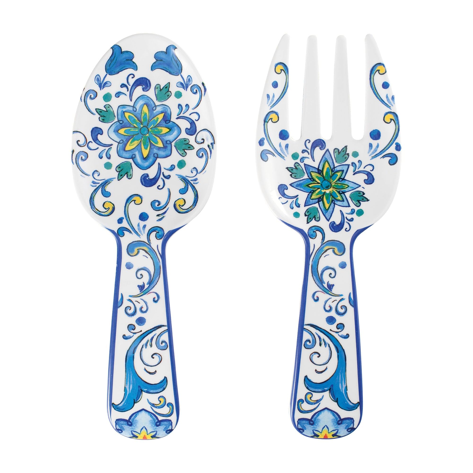 UPware 2-Piece 10.75 Inch Melamine Salad Server Serving Utensil Set Includes Salad Spoon and Salad Fork (Blue Floral)