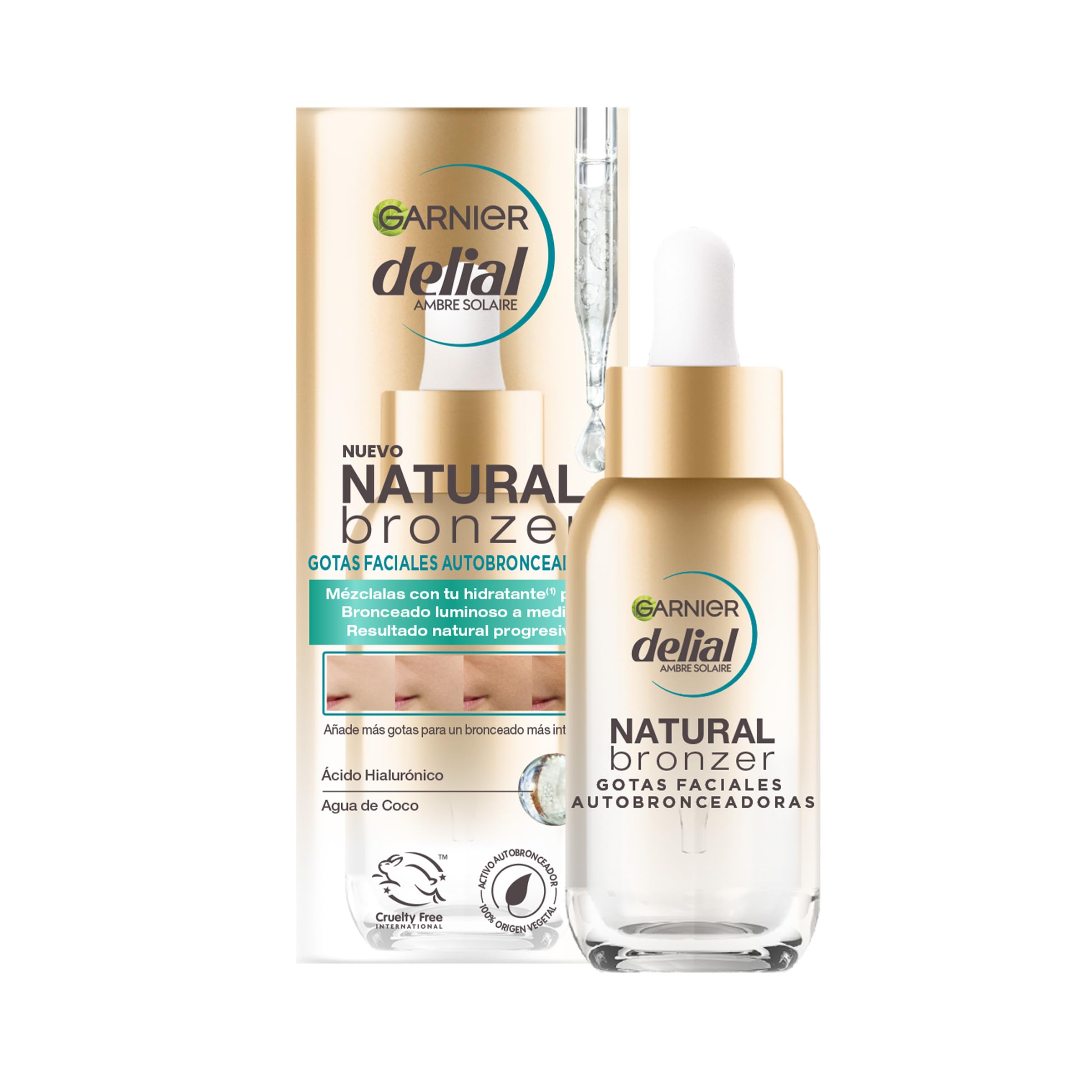 GARNIER DELIAL Gotas Faciales Autobronceadoras con Ácido Hialurónico Y Agua De Coco Bronceado A Medida Sin Marcas 30 ml
