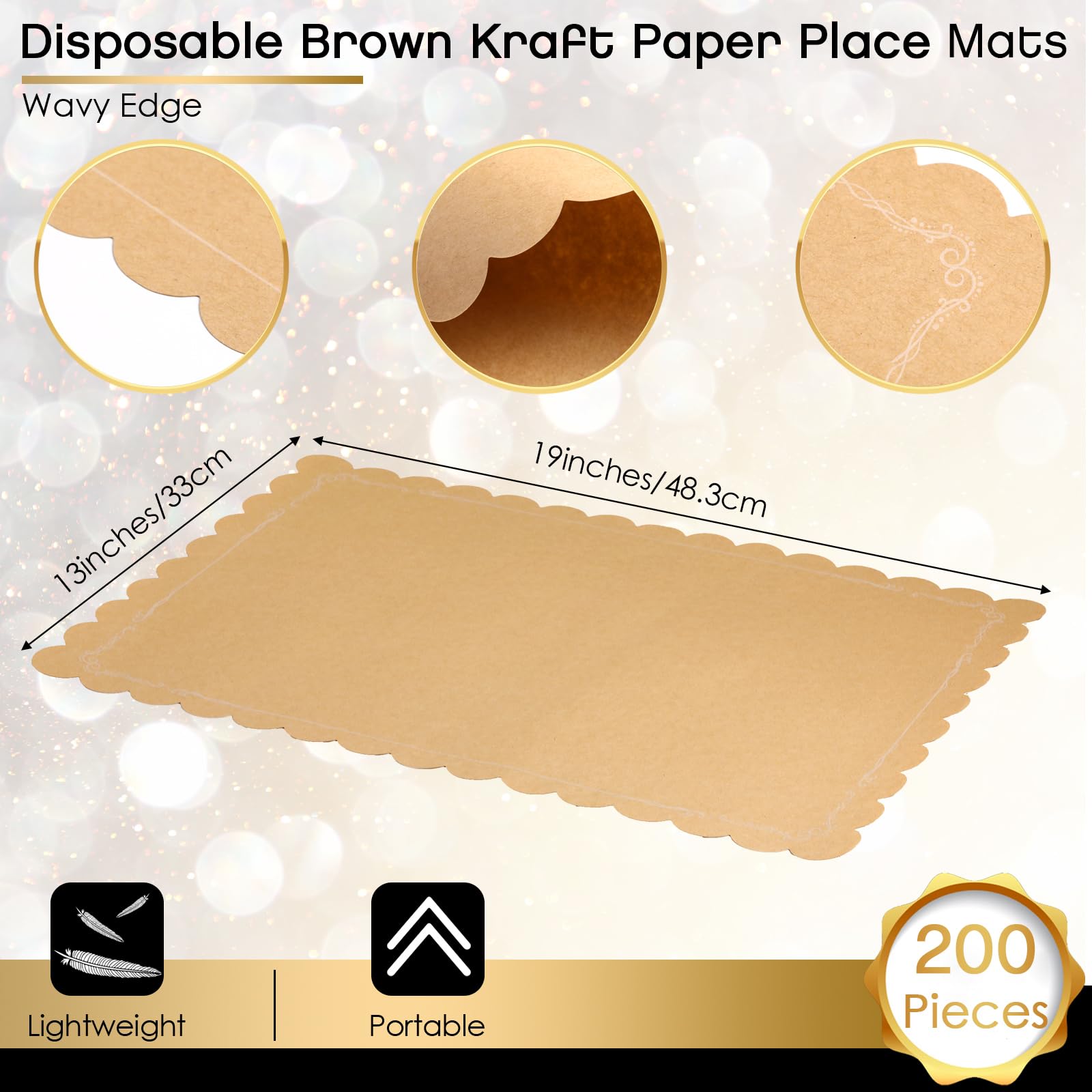 200 manteles individuales desechables de papel kraft marrón desechables, rectangulares, rústicos, estampados, festoneados, para bodas, aniversarios, fiestas, cocina (13 x 19 pulgadas)