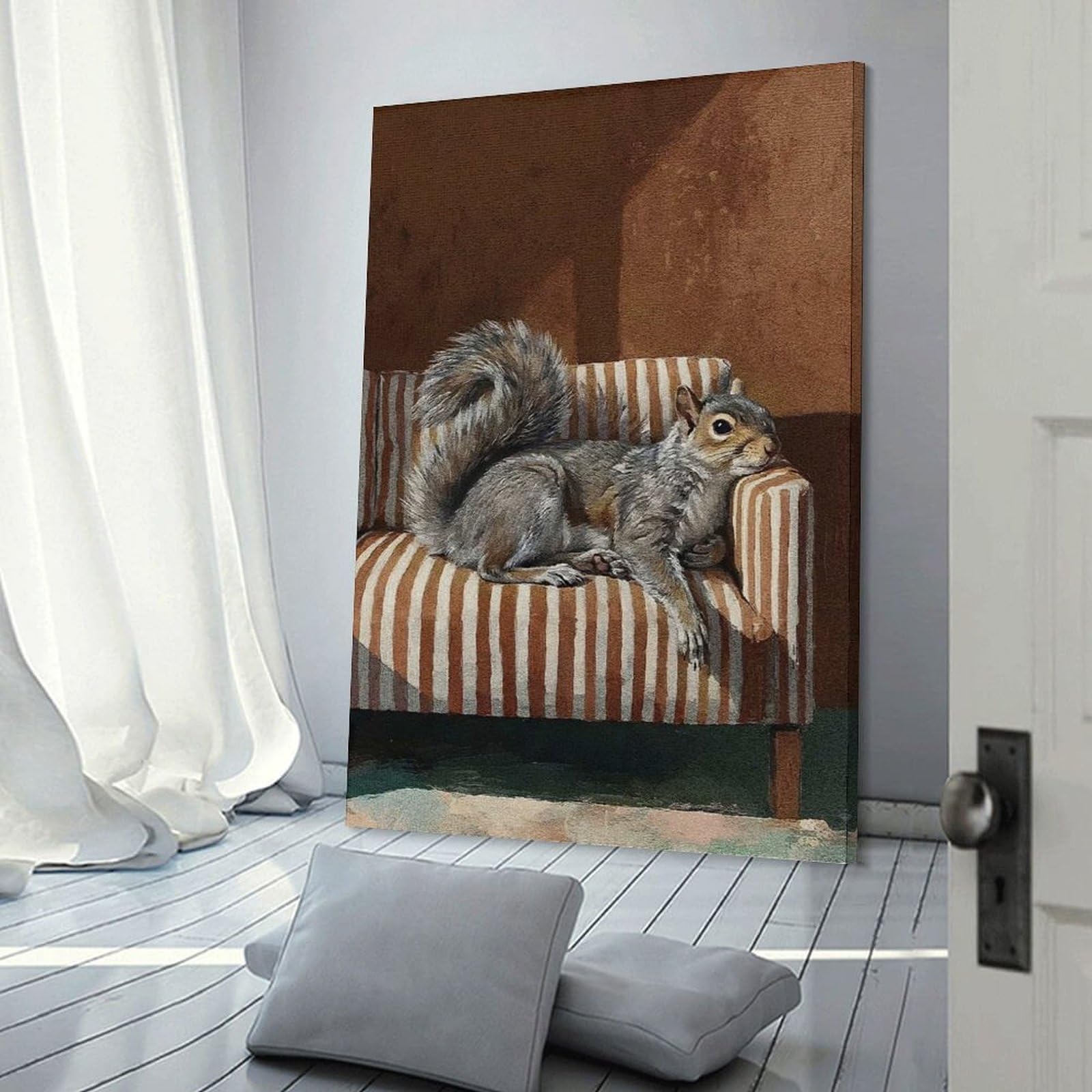 Junmoney Frame-Style-23 Squirrel Resting On Striped Couch Canvas Art Print 20X30inch(50X75cm), For New Homes, Bedrooms Or Workspaces, Gift Idea For Housewarming And Birthdays